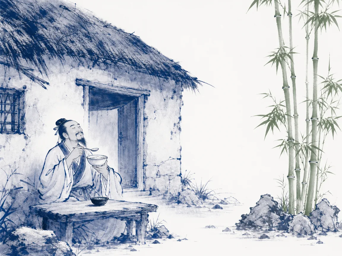 Smiling poet eating a simple rustic meal outside a modest mud hut while tall green bamboo stalks stand upright in rocky ground in crisp dignified literati wash celebrating coarse earthenware meals beside elegant upright bamboo, illustrating Su Shi's maxim of preferring coarse food over life without bamboo, guarding inner nobility on ChiDestiny