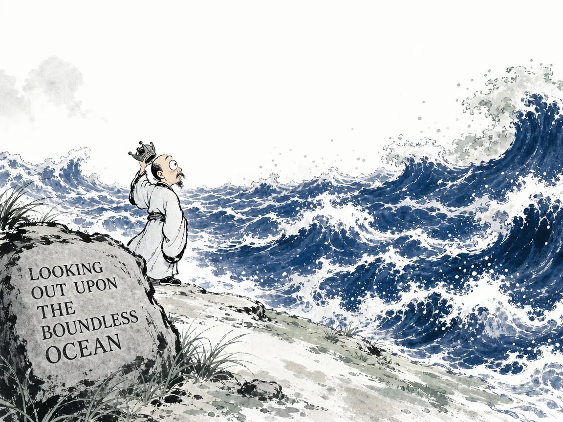 comical humble River Count He standing at the shoreline gazing dumbfounded at the gargantuan endless waves of the North Sea, taking off his little coronet in awe of the immense cosmic scale, rich Prussian blue turbulent ocean waves in contemporary literati Chinese ink cartoon style with Prussian blue ink wash, sage green accents, and Xuan paper negative space, illustrating looking out upon the boundless ocean, embodying 河伯顺流而东行至于北海，面朝汪洋浩瀚的北海若望洋兴叹，始知自己所知甚微，打破自满盲目狭隘 on ChiDestiny