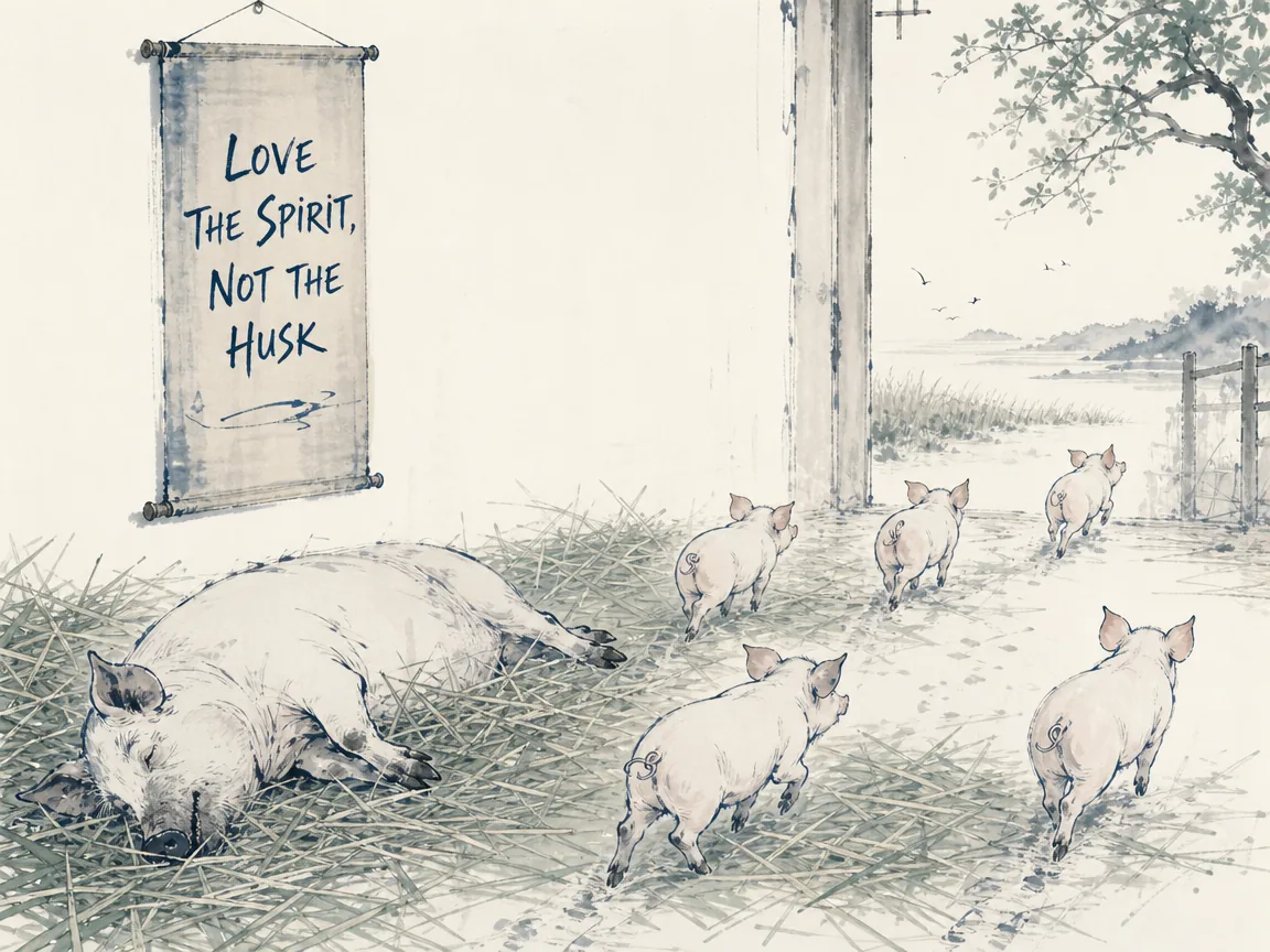 gentle allegorical scene, piglets scattering away from a lifeless form, discovering that what they truly sought was the living loving animating soul rather than the physical vessel in contemporary literati Chinese ink cartoon style with Prussian blue ink wash, sage green accents, and Xuan paper negative space, illustrating love the spirit, not the husk, embodying 小猪们在母猪身旁吸奶，母猪死去神采已逝，小猪皆惊散离去，孔子以此点出人们爱的不是躯壳而是内里的精神真元 on ChiDestiny