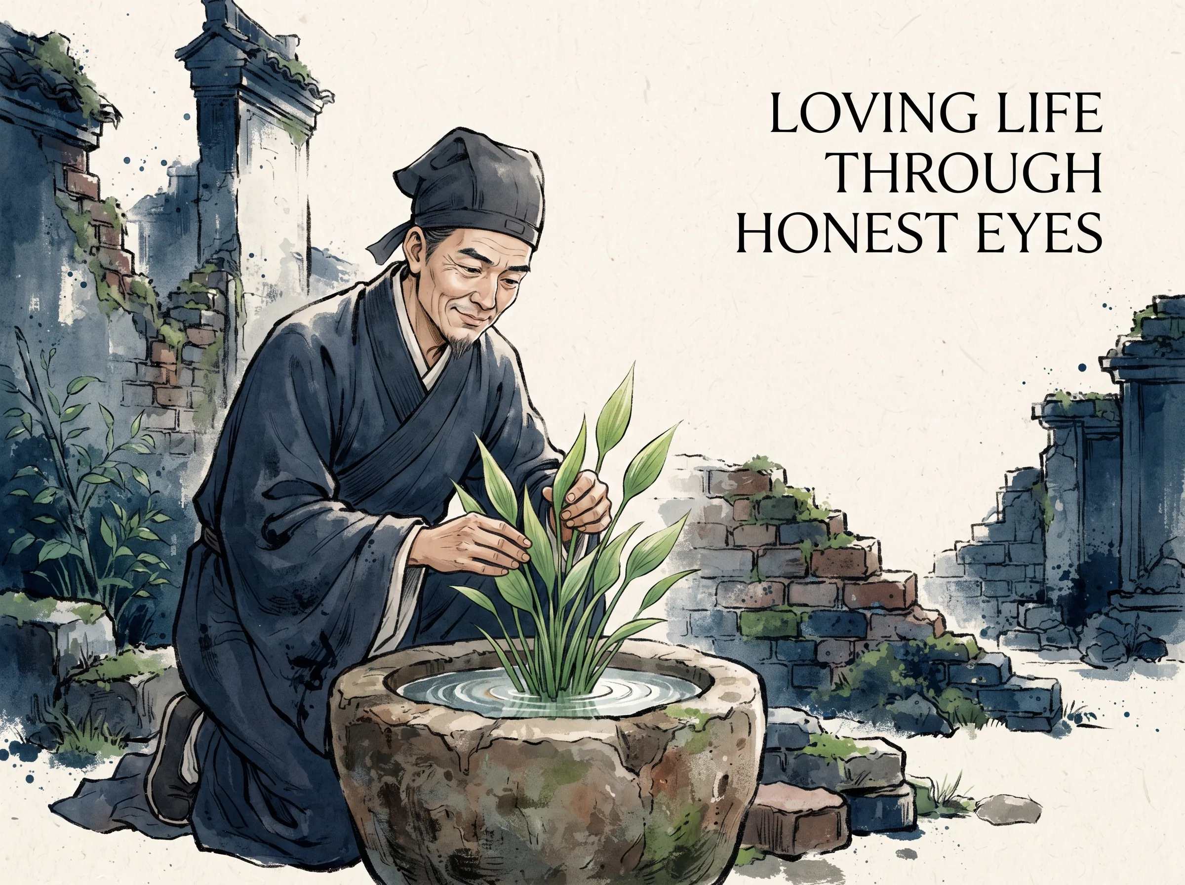 a resilient scholar amidst dilapidated brick garden ruins calmly tending a vibrant green sweet flag plant in a rustic stone basin, eyes warm with unyielding zest for living, deep Prussian blue broken garden walls and dark robes in contemporary literati Chinese ink wash in deep Prussian blue and sage green with ample Xuan paper negative space, illustrating loving life through honest eyes, embodying 明末清初文人李渔在经历家国巨变后坦然直面残酷现实，却拒绝沉沦，在瓦砾间亲手修剪一盆菖蒲，在困厄中寻回对生活的热爱 on ChiDestiny