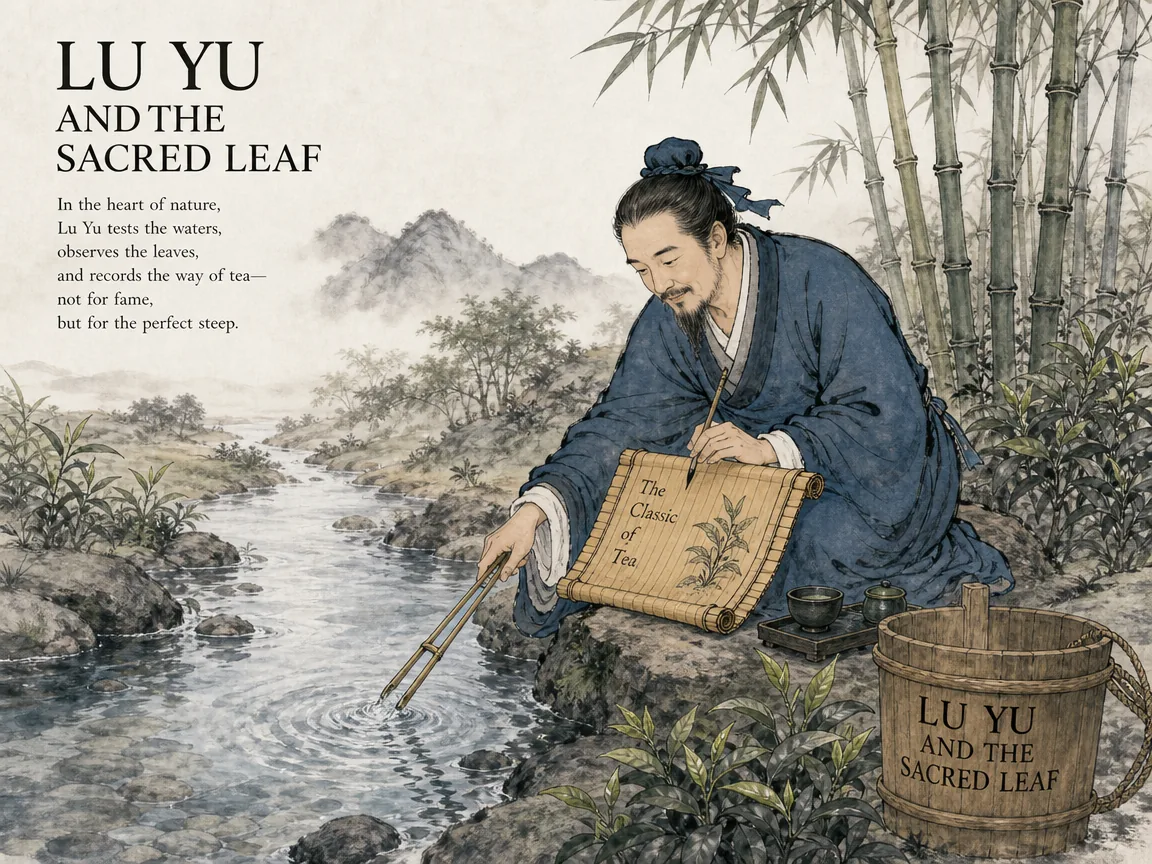 Tang dynasty scholar Lu Yu in hemp robes seated beneath ancient forest canopy, carefully pressing a sacred tea leaf between his fingers as manuscript scrolls of the Classic of Tea lie open before him in rich Prussian blue forest shadows and warm amber-green tea leaf veins on Xuan paper, illustrating elevating a leaf into scripture, showing how Lu Yu transformed tea from beverage into philosophical and spiritual discipline on ChiDestiny