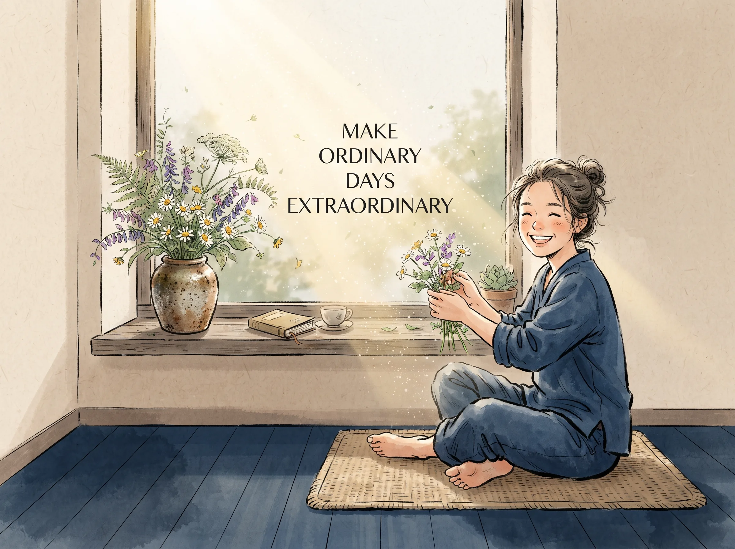 a modern cozy apartment room where a happy person arranges wild roadside flowers into a recycled ceramic jar on a wooden windowsill, sunshine illuminating dust motes, deep Prussian blue casual clothing and floorboards in contemporary literati Chinese ink wash in deep Prussian blue and sage green with ample Xuan paper negative space, illustrating make ordinary days extraordinary, embodying 现代人不需豪宅名牌，借一缕阳光、摆一方茶席，以动手布置日常的小确幸抗衡生活的平庸与疲惫，生活美学是行动而非空想 on ChiDestiny