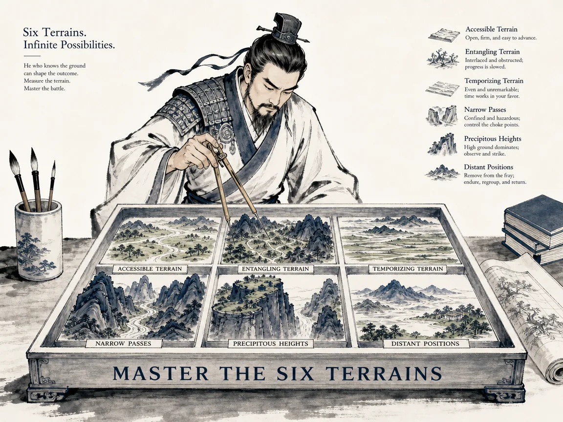 a scholarly general standing over an exquisite miniature ink sandbox displaying six distinct geographical ground models (accessible, entangling, temporizing in contemporary literati Chinese ink cartoon style with Prussian blue ink wash, sage green accents, and Xuan paper negative space, illustrating master the six terrains, embodying 战略沙盘桌上精巧展示六种地形立体微缩模型：通衢大道、纠缠峡谷、险隘咽喉，将领正用小竹尺测量通路，如数家珍 on ChiDestiny