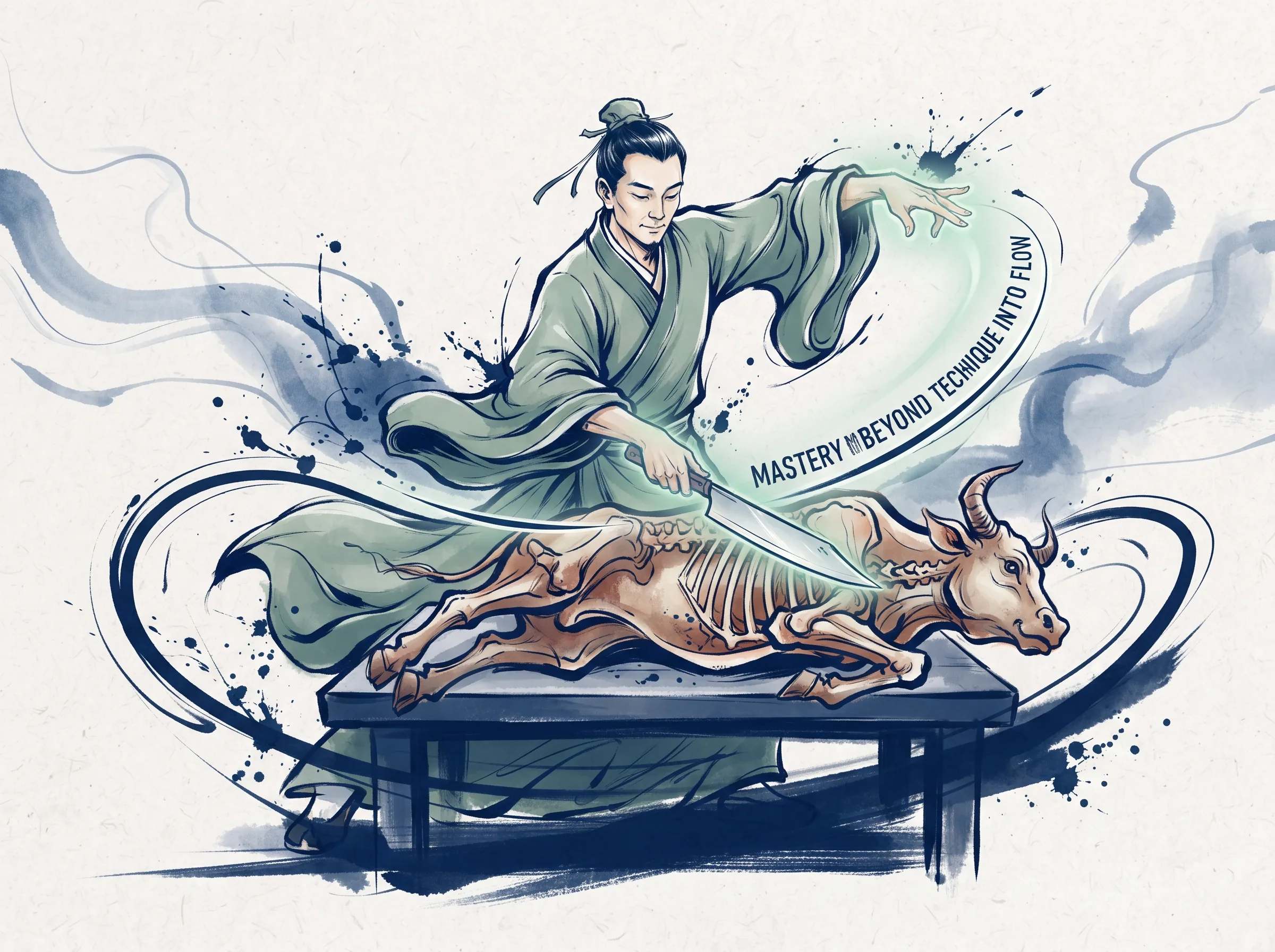 dynamic rendering of Zhuangzi's artisan cook with a slender cleaver gliding effortlessly through empty spaces of an ox carcass without touching bone, movements fluid like a ritual dancer, deep Prussian blue flowing lines and table shadows in contemporary literati Chinese ink wash in deep Prussian blue and sage green with ample Xuan paper negative space, illustrating mastery moves beyond technique into flow, embodying 庄子庖丁解牛神乎其技：双手顺应骨肉肌理游刃有余，刀锋入骨如行云流水音乐翩跹，审美源于万千次沉浸实践后的自如化境 on ChiDestiny