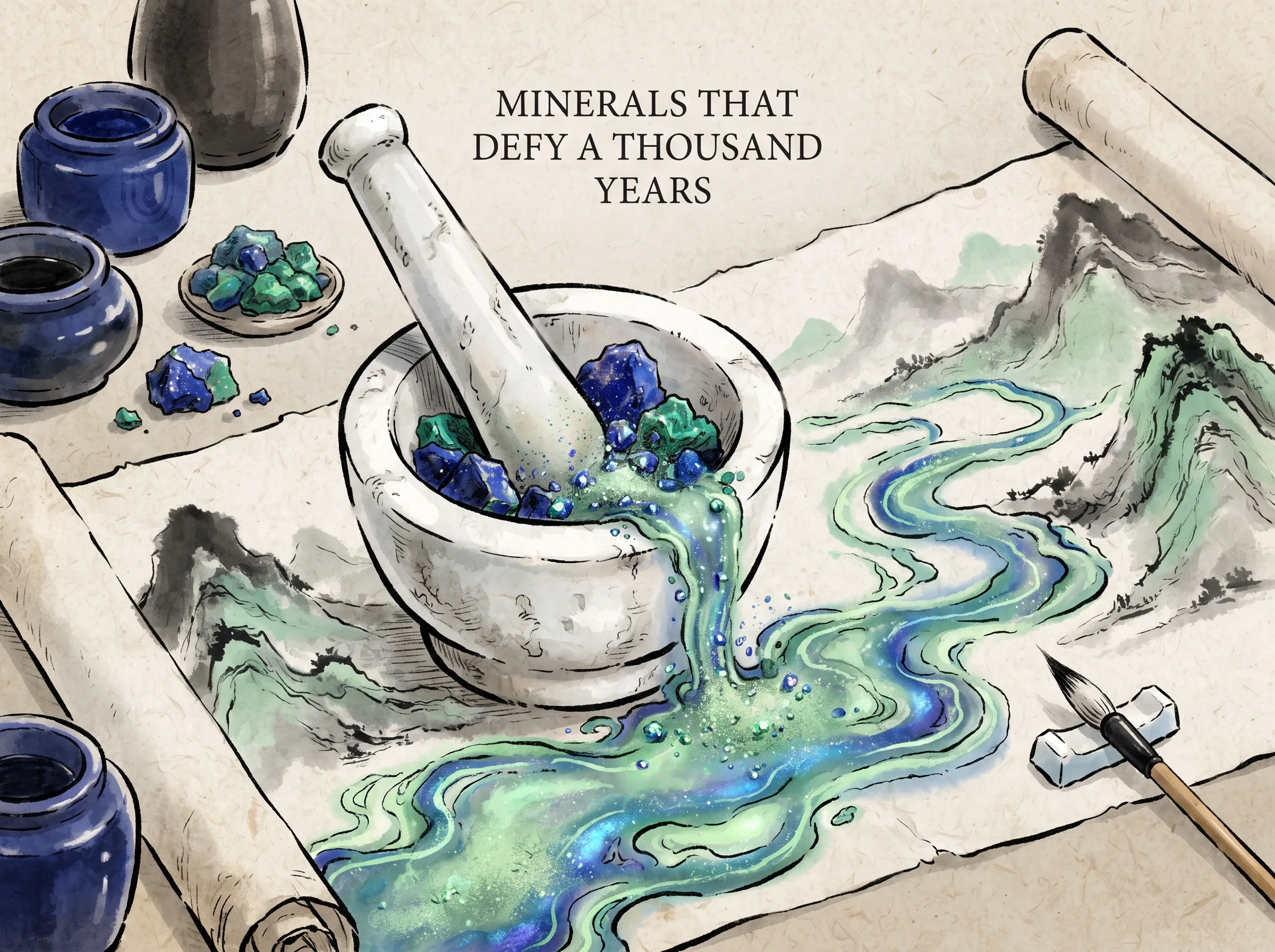 artistic close-up of raw mineral chunks of malachite and azurite being crushed in a white stone mortar, glistening dust transforming into vibrant iridescent blue and green inks that flow across a landscape scroll like eternal rivers, deep Prussian blue ink pots and crushed ore in contemporary literati Chinese ink wash in deep Prussian blue and sage green with ample Xuan paper negative space, illustrating minerals that defy a thousand years, embodying 千年不褪的石青与石绿矿物颜料：从大地深处开采的孔雀石与蓝铜矿，将山河最鼎盛、最永恒的青春生机定格在岁月长河之中 on ChiDestiny