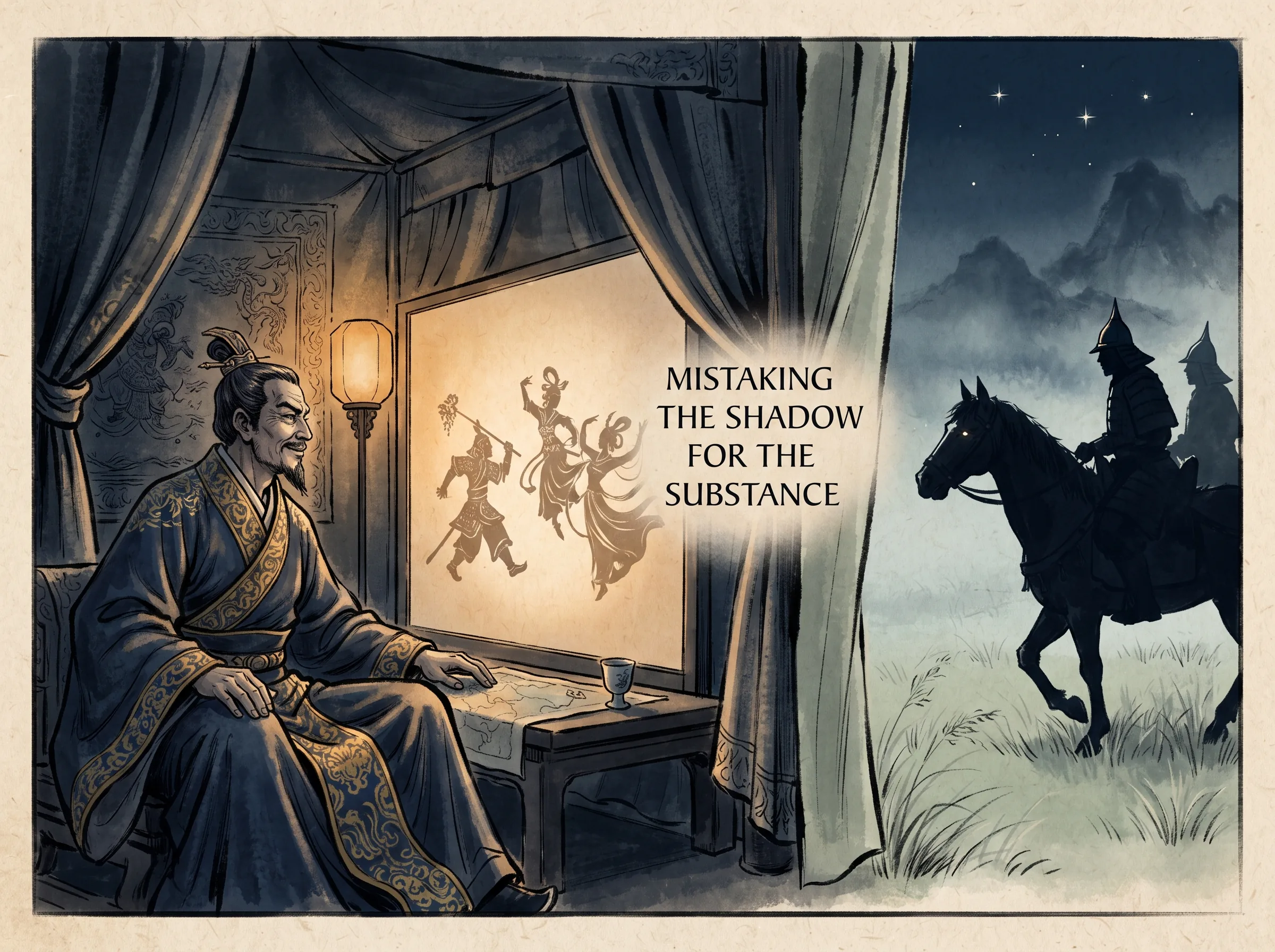 an ancient warlord captivated by delicate dancing shadow puppets on a paper screen inside his tent, unaware of the real silhouette of an enemy reconnaissance horse passing quietly outside the tent flap, deep Prussian blue tent shadows and midnight atmosphere in contemporary literati Chinese ink cartoon style with Prussian blue ink wash, sage green accents, and Xuan paper negative space, illustrating mistaking the shadow for the substance, embodying 我们看到的不是现实而是幻影：柏拉图洞穴式隐喻，将领只看皮影戏墙上的投射，却忽视了帐篷外正悄悄逼近的真实号角与火光 on ChiDestiny