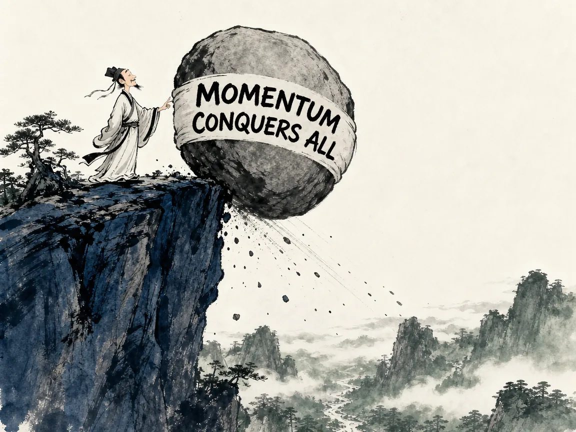 a gigantic round stone poised effortlessly on the edge of a precipitous mountain peak, a scholar touching it with just a pinky finger setting colossal natural gravity into motion, deep Prussian blue cliff crags in contemporary literati Chinese ink cartoon style with Prussian blue ink wash, sage green accents, and Xuan paper negative space, illustrating momentum conquers all, embodying 巍峨千仞绝壁边缘，一枚圆润硕大的巨石蓄势待发，顽童般的谋士仅用一指轻触，巨石即顺势呼啸滚下 on ChiDestiny
