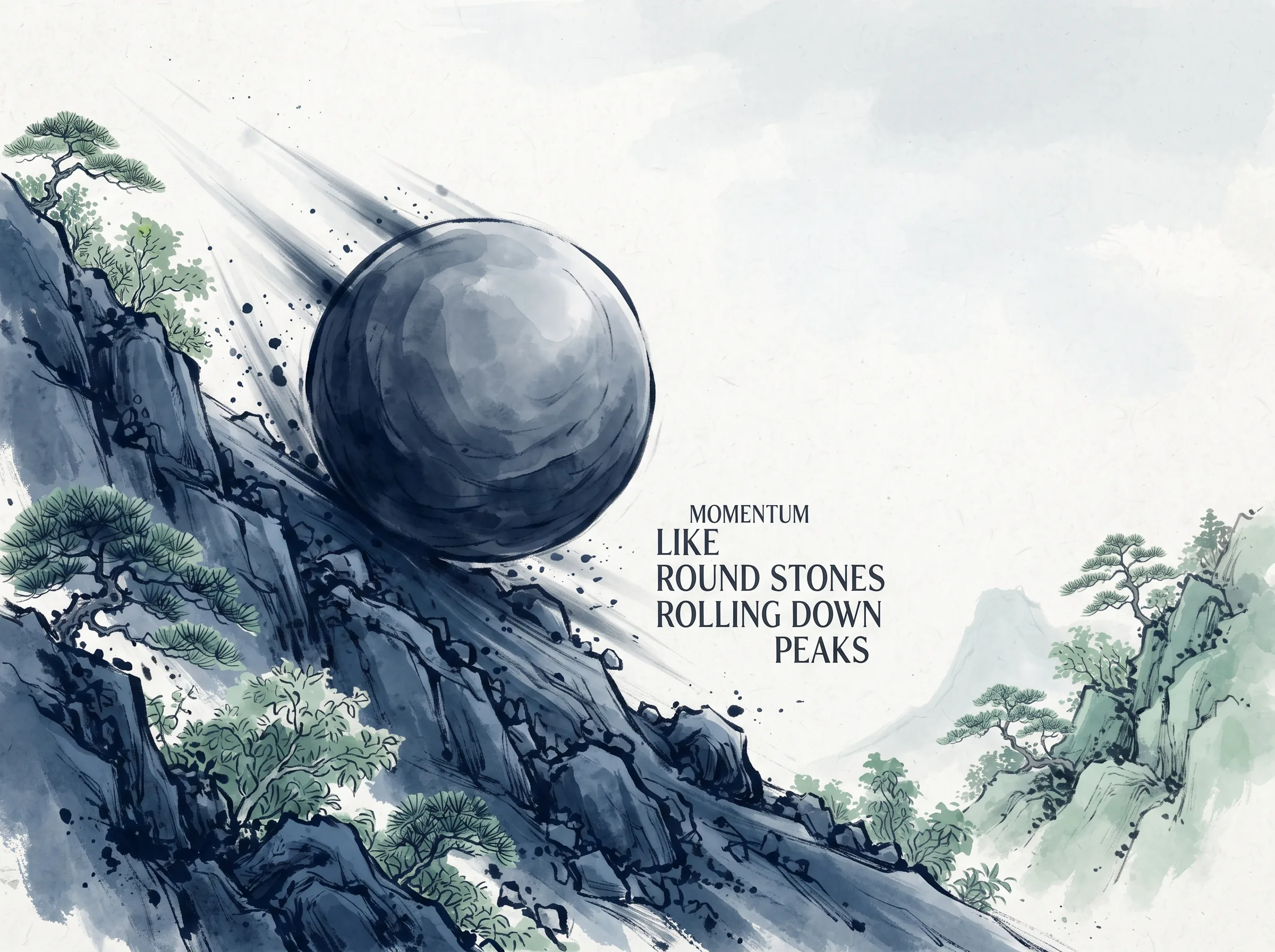 iconic visual metaphor of a smooth giant spherical boulder effortlessly rolling down a steep mountain incline, gaining thunderous kinetic force with minimal push, deep Prussian blue rocky cliffs and motion blurs in contemporary literati Chinese ink cartoon style with Prussian blue ink wash, sage green accents, and Xuan paper negative space, illustrating momentum like round stones rolling down peaks, embodying 圆石投下千仞之溪的不可阻挡之势：孙子'如转圆石于千仞之山者，势也'，巨大的圆形巨石顺着崇山峻岭自然滚滚而下，无可匹敌 on ChiDestiny