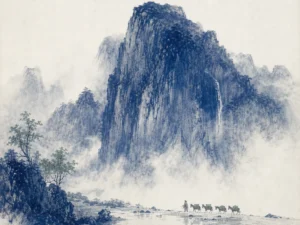 Vibrant azurite blue and malachite green panorama of towering peaks and winding waterways in luminous classical Qinglü blue-and-green landscape wash with fine gold-line details, illustrating the paradox of the Song dynasty, forging eternal monumental beauty from political fragility on ChiDestiny