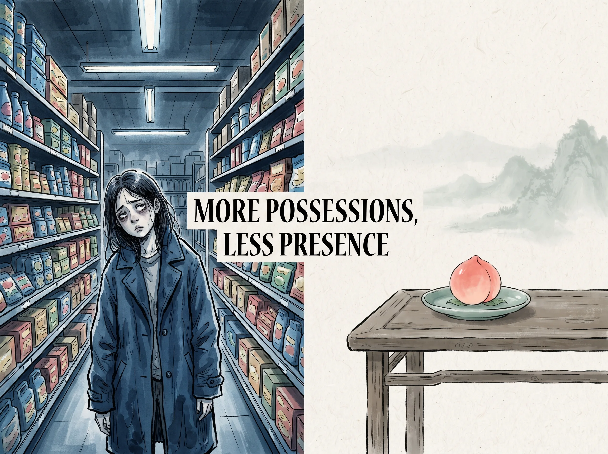 a modern consumer standing amidst dizzying supermarket aisles of identical plastic goods, looking visibly lost and vacant, contrasted with a clean vision of an empty wooden tea table holding a single peach on a ceramic plate in contemporary literati Chinese ink wash in deep Prussian blue and sage green with ample Xuan paper negative space, illustrating more possessions, less presence, embodying 追逐更多物质的虚妄幻觉：货架上琳琅满目的包装并未带来安宁，反而在不断刺激中让人失去辨别真正美好的敏锐直觉 on ChiDestiny