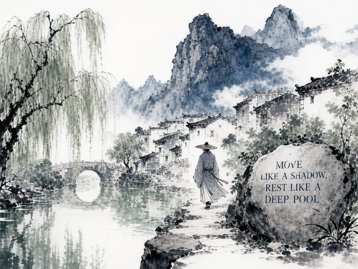 an enlightened traveler moving through a mountain village as gracefully and silently as a drift of cloud or a soft echo, undisturbed by worldly praise or blame, Prussian blue craggy ridges in contemporary literati Chinese ink cartoon style with Prussian blue ink wash, sage green accents, and Xuan paper negative space, illustrating move like a shadow, rest like a deep pool, embodying 至人之行如浮云流水，居处如渊，形体若影声，动息合于造化，全德者处世超然物外 on ChiDestiny