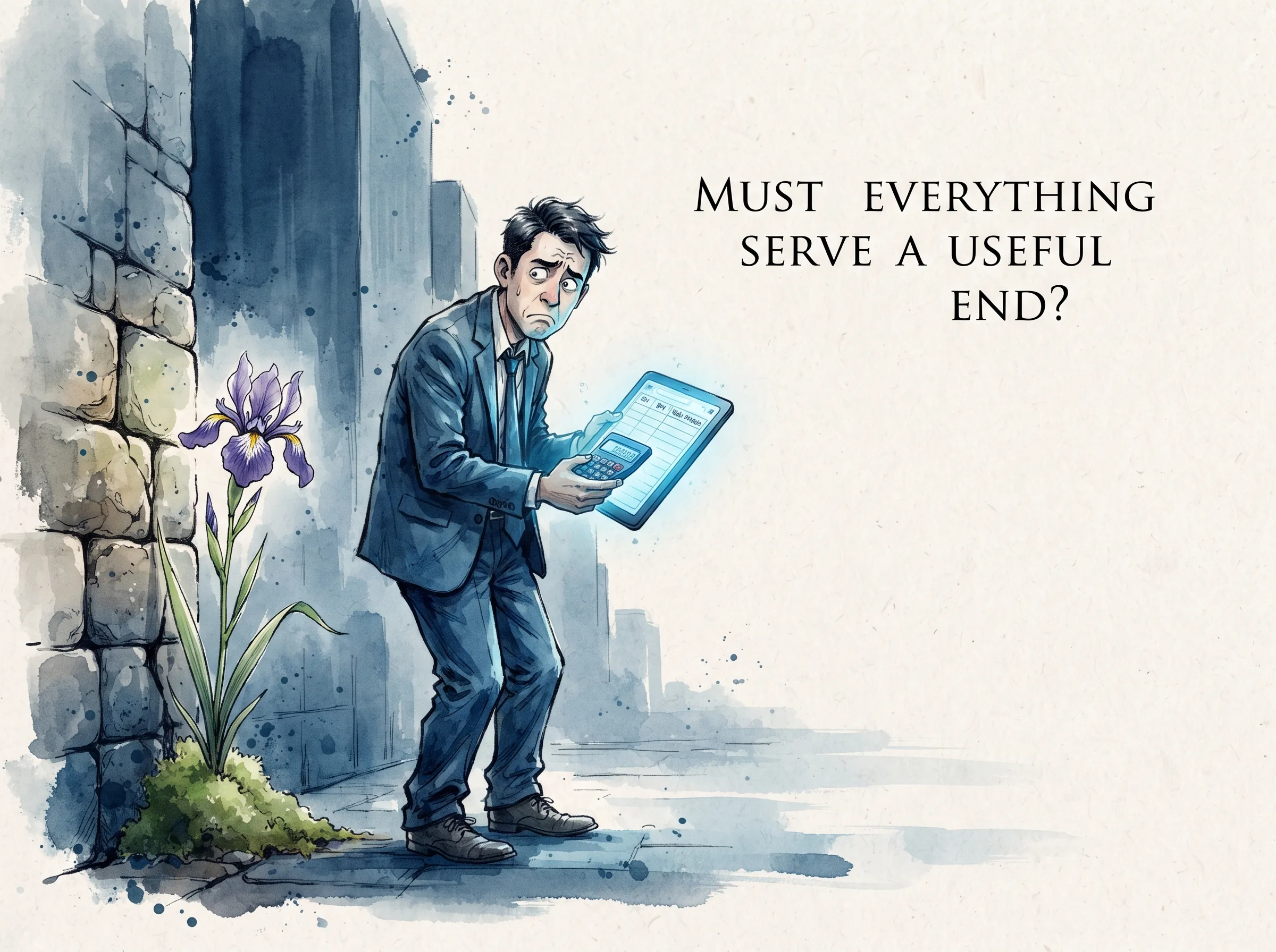 satirical and thoughtful, a stressed modern figure holding a glowing digital spreadsheet and calculator, staring perplexedly at a blooming wild iris sprouting from a stone wall as if trying to calculate its monetary return in contemporary literati Chinese ink wash in deep Prussian blue and sage green with ample Xuan paper negative space, illustrating must everything serve a useful end?, embodying 当代一切唯KPI与功利衡量的心灵牢笼：手握计算器与考勤表的人，甚至在看一朵花、听一场雨时都在计算'这有什么用'，陷入精神荒漠 on ChiDestiny