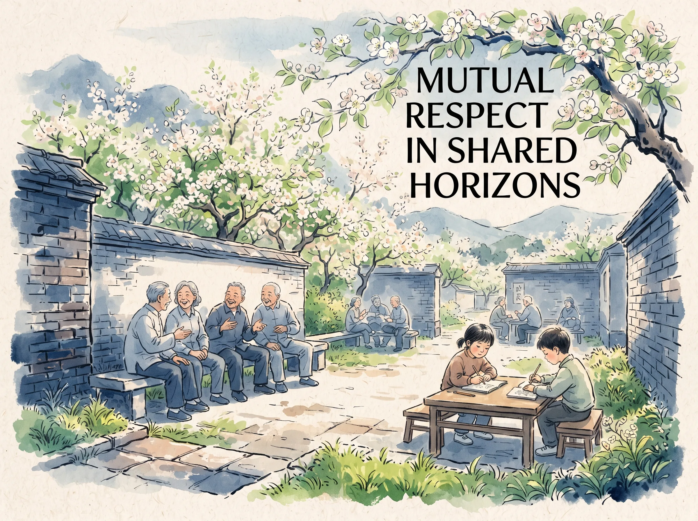 an open neighborhood courtyard where low walls, shared stone benches, and flowering pear trees create an inviting communal space where elders chat and children sketch peacefully in contemporary literati Chinese ink wash in deep Prussian blue and sage green with ample Xuan paper negative space, illustrating mutual respect in shared horizons, embodying 儒家公共空间的礼乐秩序：不过度张扬自我，不过度侵占公共视线，邻里之间彼此留出适度距离与温和默契，构建有温度的社区空间 on ChiDestiny