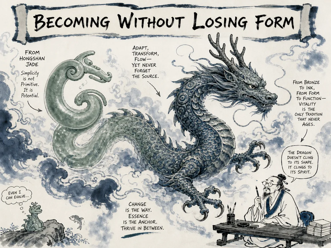 Ancient mythical dragon coiling through swirling mist and clouds, seamlessly morphing from simple Hongshan jade curves into intricate bronze scales with stag antlers, serpent body, and eagle talons in contemporary literati Chinese ink wash in deep Prussian blue and muted sage green jade luster, illustrating becoming without losing form, showing how civilizational identity absorbs diverse influences while preserving its vital moral core on ChiDestiny