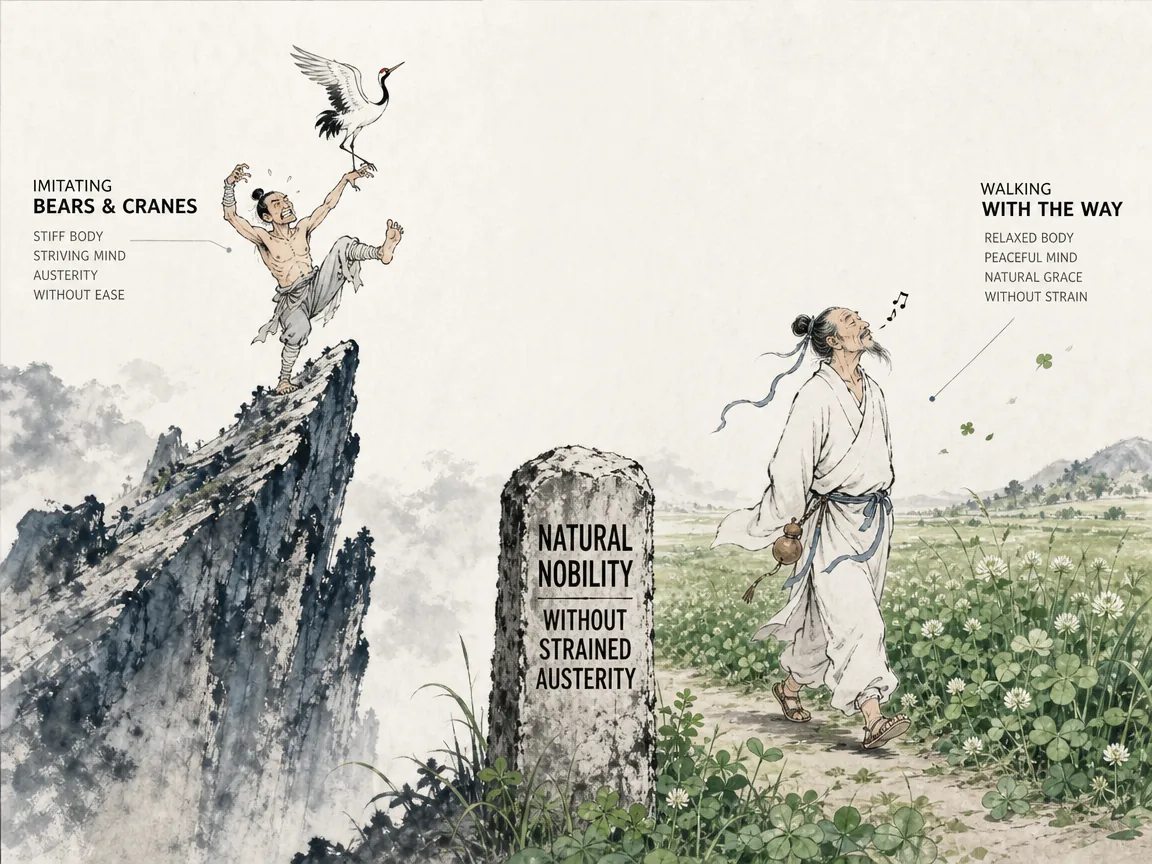humorous contrast between a stiff ascetic gymnast straining on a jagged crag imitating bears and cranes, and a truly relaxed Daoist sage strolling casually through wild fields whistling at the breeze with natural innate grace, Prussian blue craggy ridges in contemporary literati Chinese ink cartoon style with Prussian blue ink wash, sage green accents, and Xuan paper negative space, illustrating natural nobility without strained austerity, embodying 崖顶苦修者刻意矫揉造作吐纳导引如熊经鸟申，而真正的至人安坐闲云之间，不刻意而高、无仁义而修、无江海而闲 on ChiDestiny