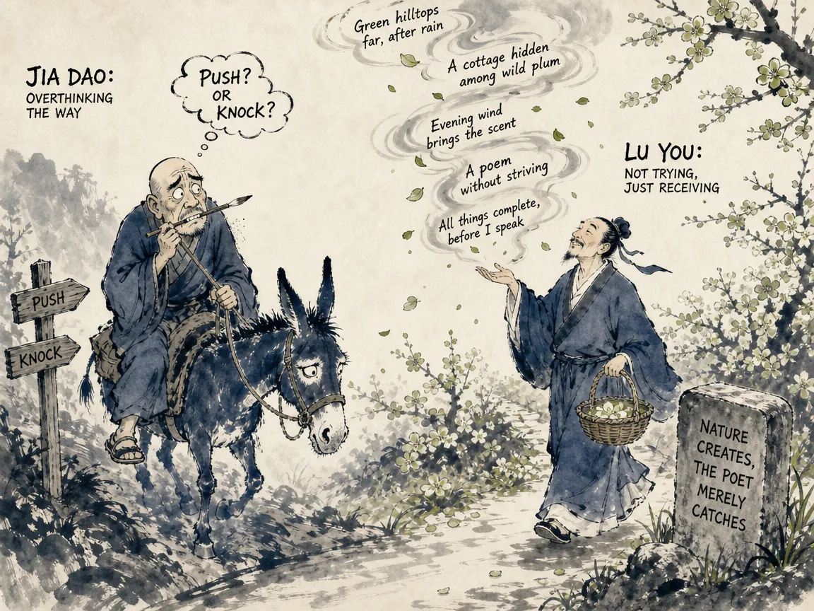 humorous contrast of creative masters: monk Jia Dao anxiously biting his brush on a donkey over 'push or knock', while poet Lu You strolls leisurely down a blossom-filled path catching fully formed lines of poetry floating down from clouds like autumn leaves, Prussian blue ink donkey and robes in contemporary literati Chinese ink wash in deep Prussian blue and sage green with ample Xuan paper negative space, illustrating nature creates, the poet merely catches, embodying 两种创作心境对比：贾岛骑驴苦吟推敲僧推月下门，而陆游策马山阴道上'文章本天成，妙手偶得之'，展现自然偶得的至高流境 on ChiDestiny