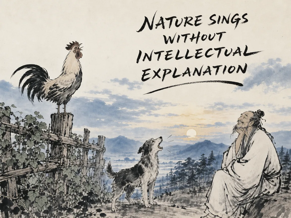 a rooster crowing at sunrise on a fence and a friendly dog barking at the morning clouds, while an amused philosopher listens attentively with a smile, recognizing the spontaneous mystery of cosmic nature that no logic can pin down in contemporary literati Chinese ink cartoon style with Prussian blue ink wash, sage green accents, and Xuan paper negative space, illustrating nature sings without intellectual explanation, embodying 鸡鸣狗吠皆天地自然发声，至智者亦不能名其所由，造化不言而妙理周流，知其然而不强求立名 on ChiDestiny
