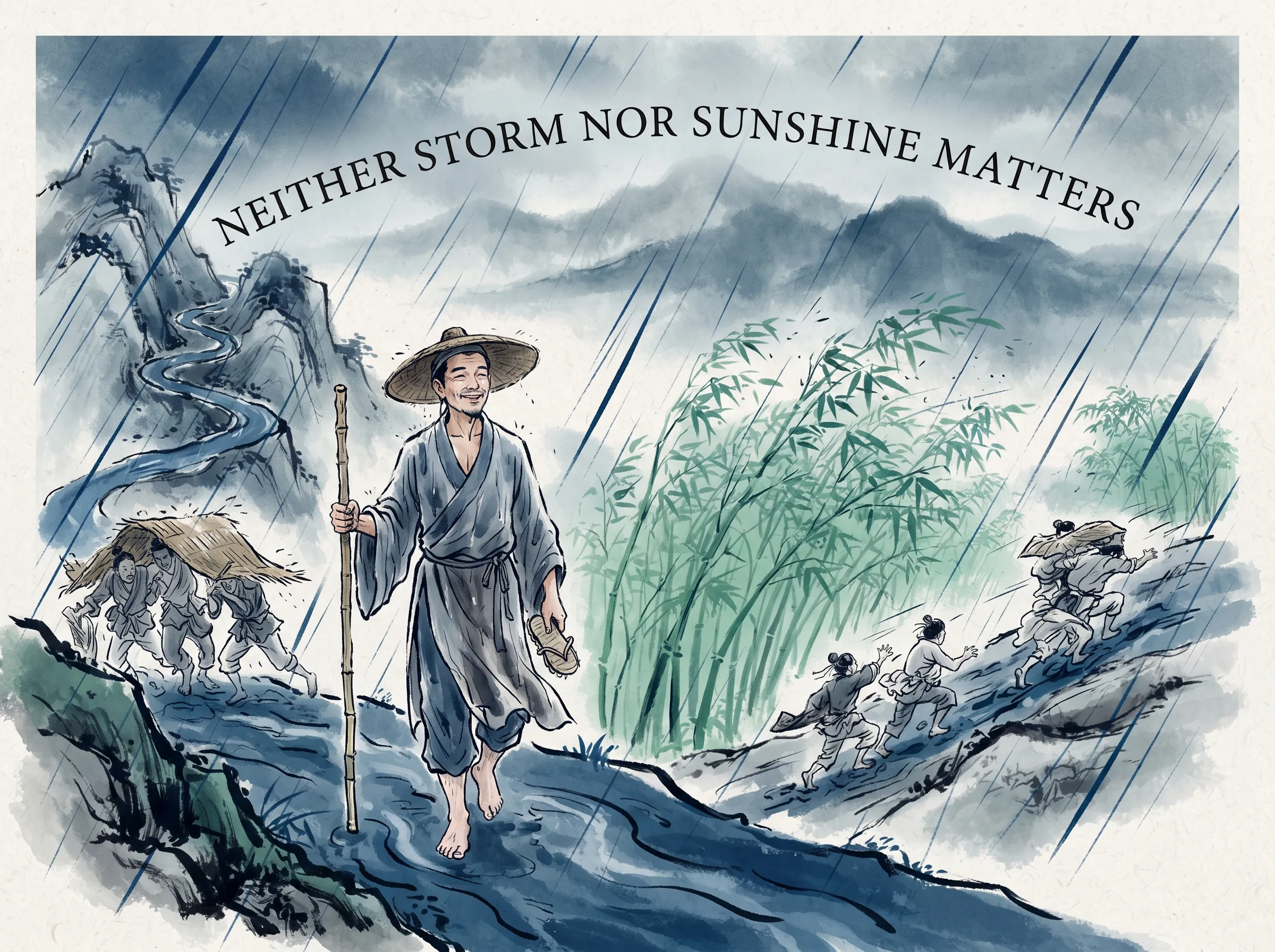 a carefree traveler with bamboo staff and straw sandals strolling whistling through a fierce torrential squall on a winding mountain trail while others scramble for shelter, unbothered by drenching rain, deep Prussian blue rain streaks and mud path in contemporary literati Chinese ink wash in deep Prussian blue and sage green with ample Xuan paper negative space, illustrating neither storm nor sunshine matters, embodying 风雨忽至众皆狼狈,苏轼竹杖芒鞋轻胜马,迎着狂风骤雨徐行长啸,回首向来萧瑟处,也无风雨也无晴 on ChiDestiny