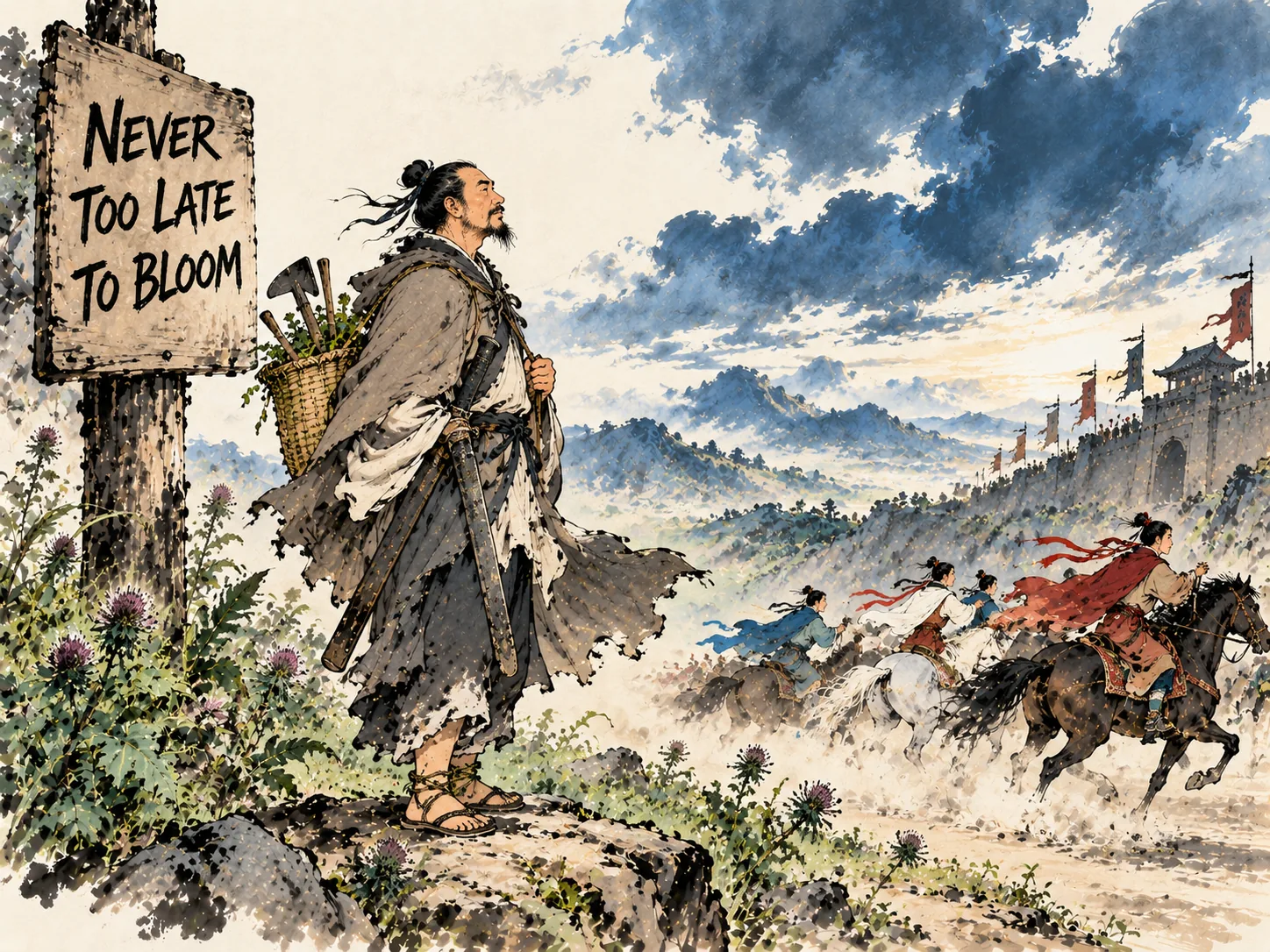 the rugged Tang poet Gao Shi in his forties, wearing a faded traveler's cloak and straw sandals, carrying a worn leather sword case and a basket of farming tools in contemporary literati Chinese ink wash in deep Prussian blue and sage green with ample Xuan paper negative space, illustrating never too late to bloom, embodying 四十余岁仍在梁宋边塞躬耕游历的高适，手持长剑与破旧书箧，胡须斑白却眼神如炬，从不因同辈早早发迹而乱了阵脚 on ChiDestiny