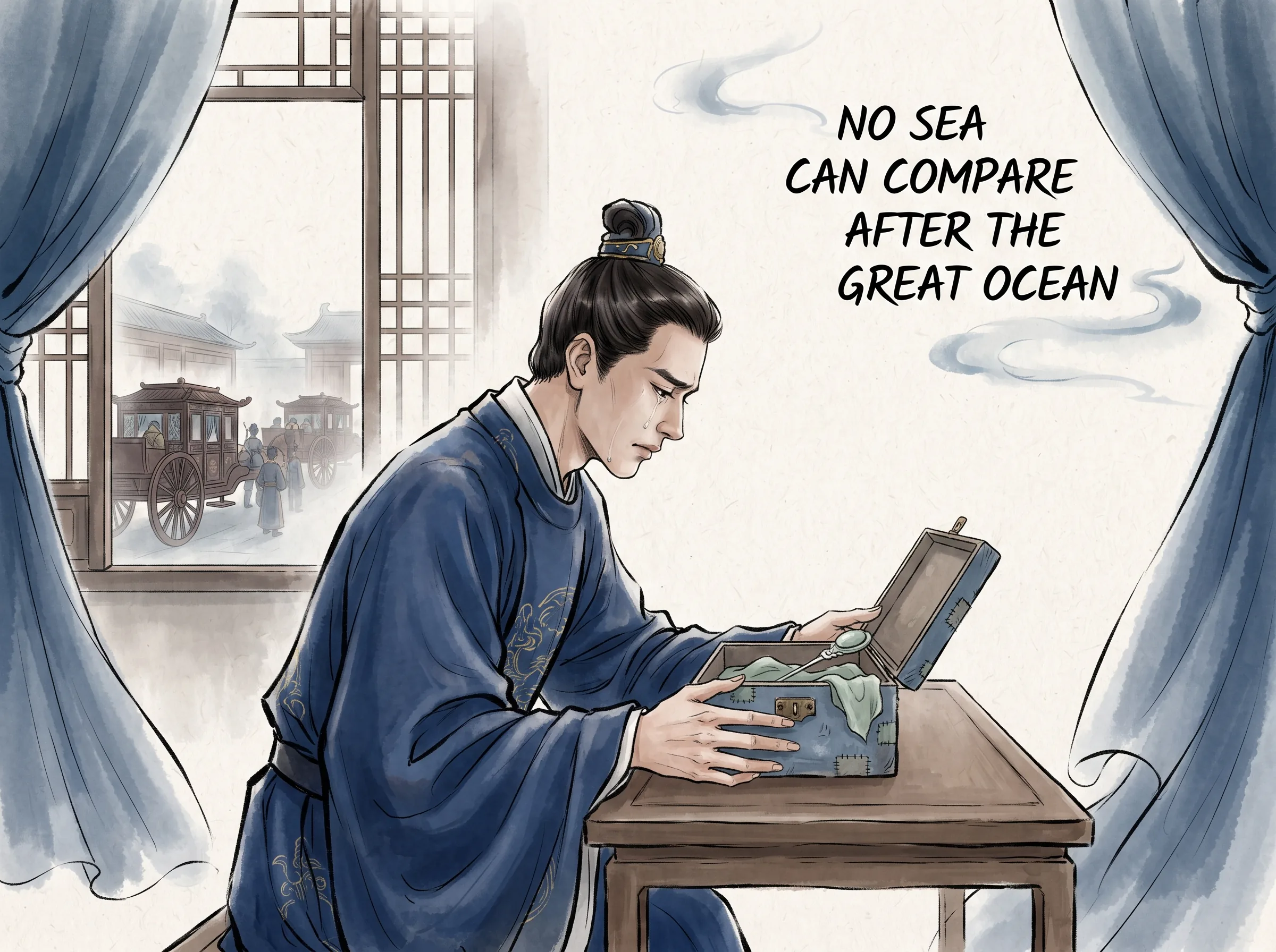 poignant scene of mourning, a conflicted statesman in rich court silks sitting alone weeping silently over an old patched cotton hairpin box left by his deceased humble wife, while outside his window high official carriages await in contemporary literati Chinese ink wash in deep Prussian blue and sage green with ample Xuan paper negative space, illustrating no sea can compare after the great ocean, embodying '曾经沧海难为水，除却巫山不是云'：悼亡亡妻韦丛的千古绝唱，案头一件洗旧的粗布旧衣与满屋新贵锦缎形成剧烈反差，深情与功利的纠葛 on ChiDestiny
