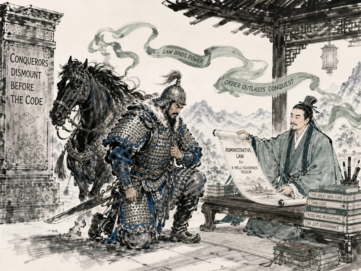 Nomadic cavalry warrior in heavy iron mail armor dismounting respectfully before a low pavilion desk as a calm scholar presents an administrative scroll of classical law in dynamic Prussian blue armored strokes and sage green silk ribbons on bright Xuan paper, illustrating conquerors dismounting before institutional code, demonstrating the persuasive authority of civil administration over military force on ChiDestiny