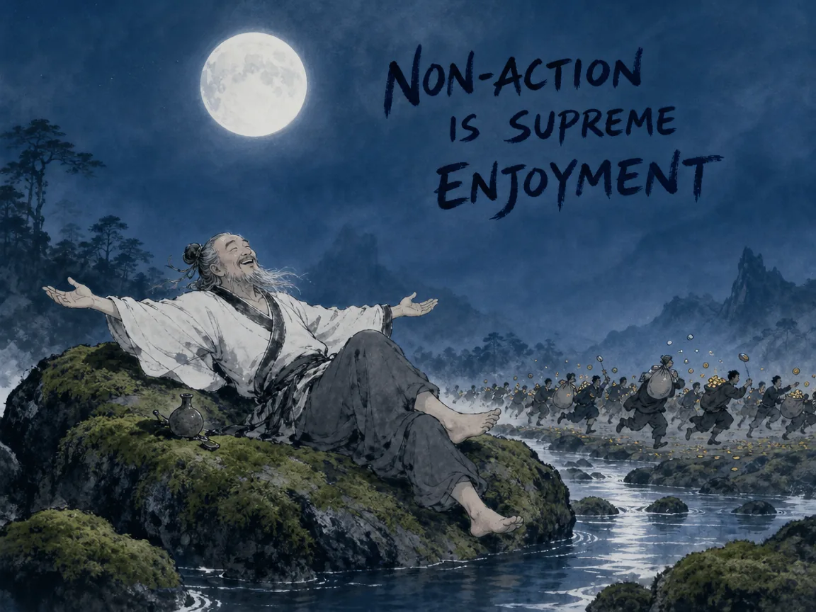 an enlightened recluse lying barefoot on a mossy river rock under a full moon, laughing gently with arms wide open to the night air while worldly crowds run frantically chasing bags of gold in the distance, deep Prussian blue nocturnal ink wash in contemporary literati Chinese ink cartoon style with Prussian blue ink wash, sage green accents, and Xuan paper negative space, illustrating non-action is supreme enjoyment, embodying 世人汲汲于富贵声色之乐，而至人之乐在于无为与心安，放歌于清风明月之中，无求自乐 on ChiDestiny