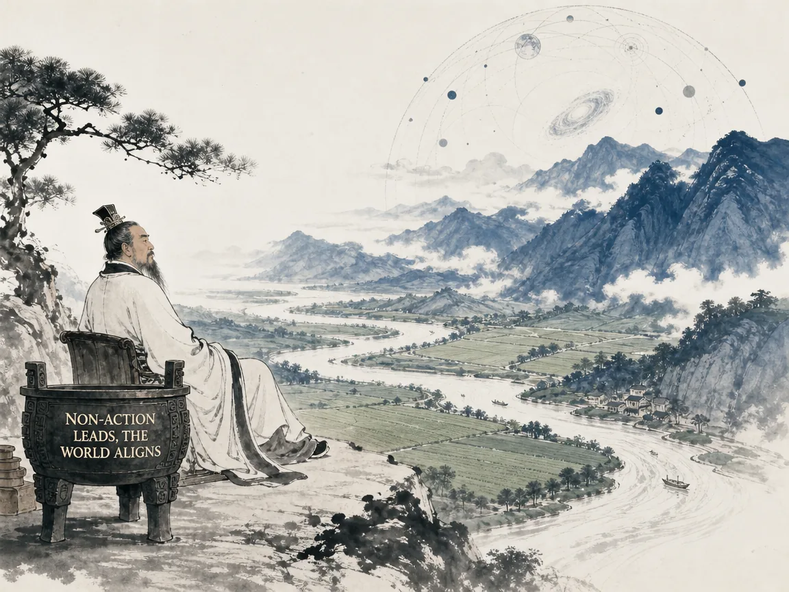 an ancient sovereign sitting peacefully without meddling decrees, watching seasonal rivers flow and crops ripen under cosmic laws, harmonizing society without heavy handed interference in contemporary literati Chinese ink cartoon style with Prussian blue ink wash, sage green accents, and Xuan paper negative space, illustrating non-action leads, the world aligns, embodying 古之明道者顺应天理行无为之道，君无为而万物自化，臣有为而天下承平，一派自然垂拱而治之象 on ChiDestiny