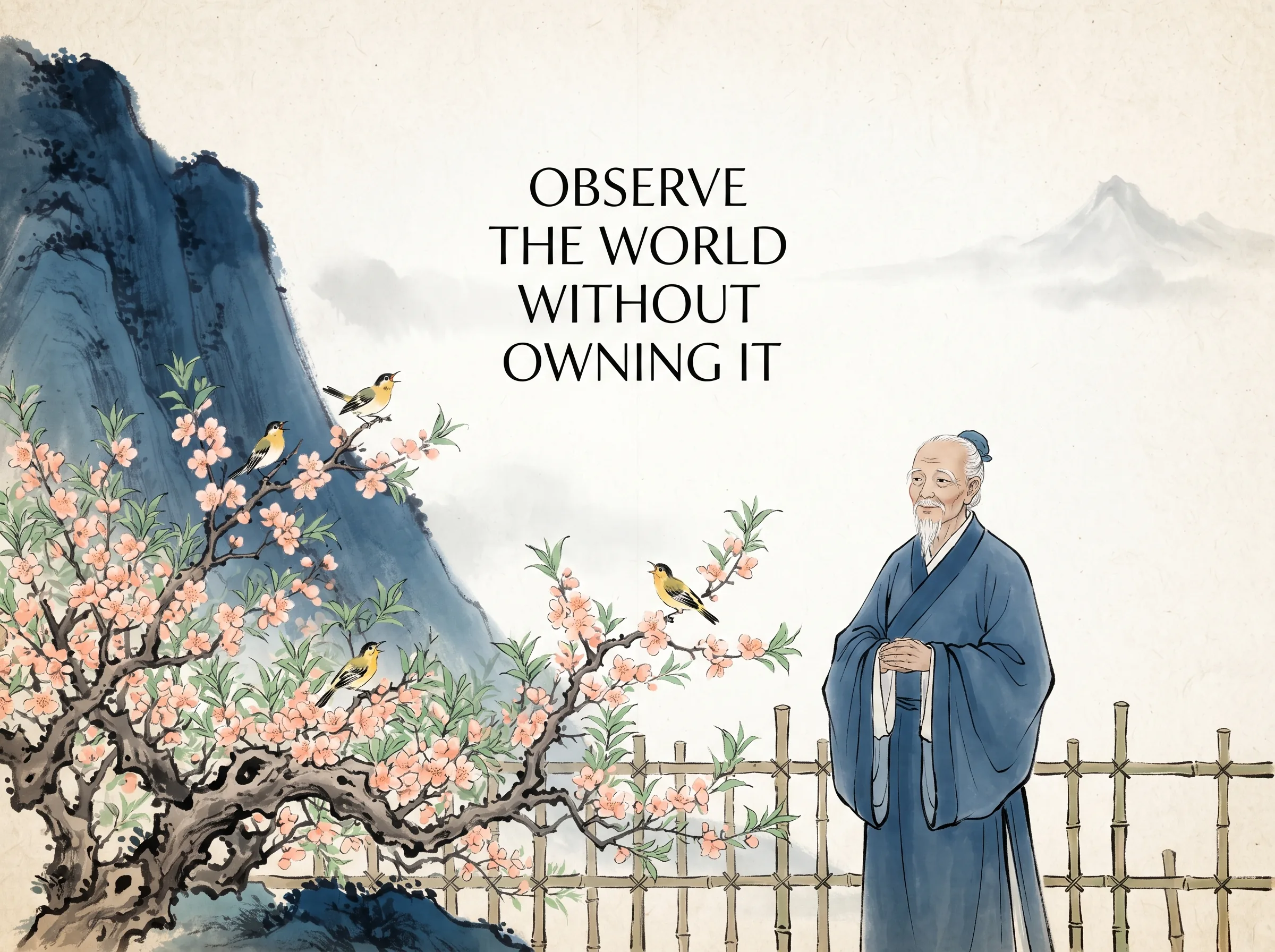 a humble poet standing quietly behind a bamboo fence admiring a wild mountain peach tree in full bloom with singing orioles on its branches, hands folded respectfully without plucking a single petal, deep Prussian blue mountain slope and scholar robe in contemporary literati Chinese ink wash in deep Prussian blue and sage green with ample Xuan paper negative space, illustrating observe the world without owning it, embodying 观物而不占有：西方静物画常将采摘的花果陈列案头供人审视占有，而中国画中的花鸟始终生长在自然枝头，人只是路过的谦逊见证者 on ChiDestiny
