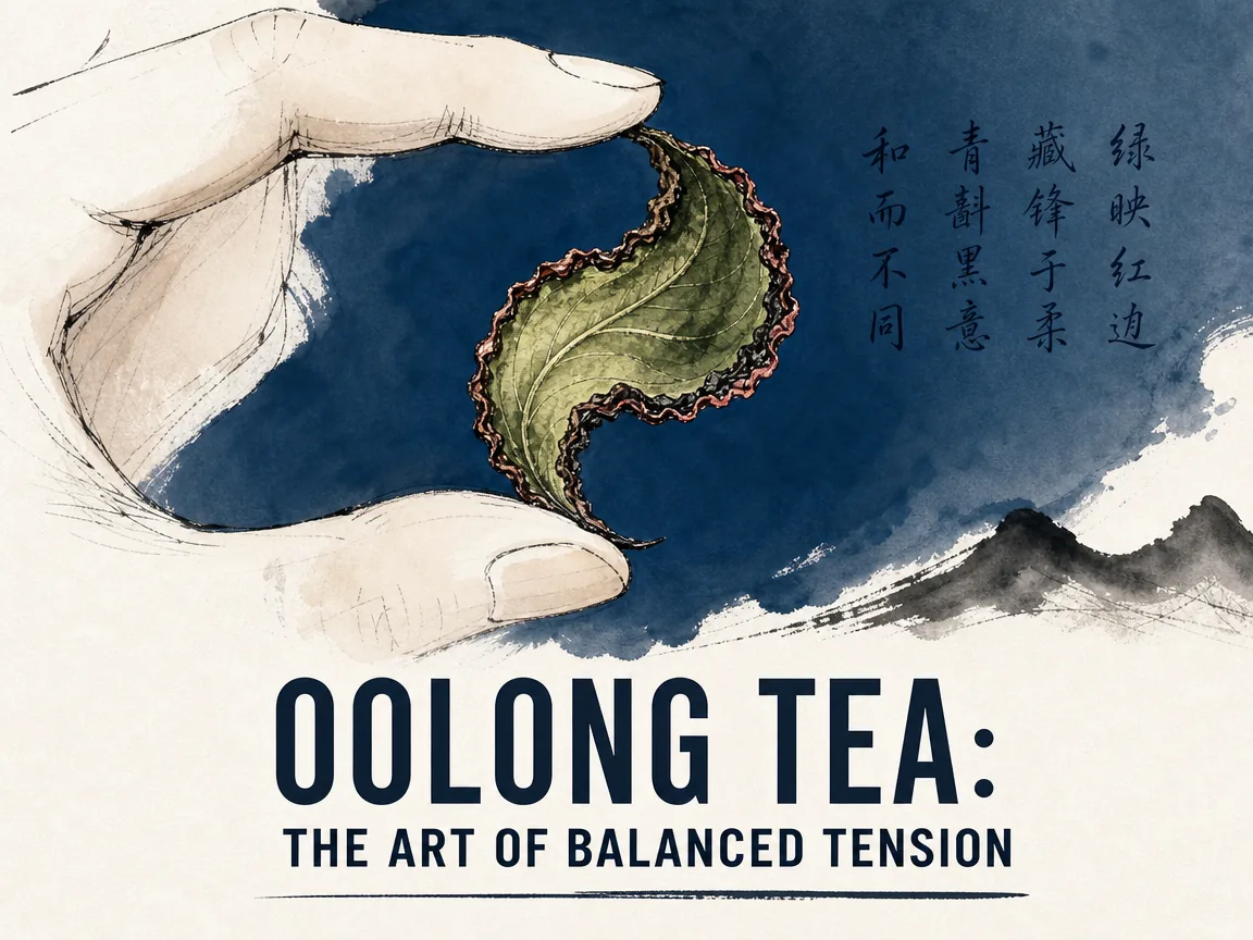 Twisted oolong tea leaves unfurling gracefully in a clear glass gaiwan, their edges showing the precise boundary between green freshness and amber oxidation — perfectly balanced between two states of being in deep Prussian blue glass transparency, contrasting sage green and warm amber leaf edges, with airy space, illustrating the art of balanced tension, showing how oolong's partial oxidation embodies the Chinese philosophical mastery of navigating between opposites without collapsing into either extreme on ChiDestiny