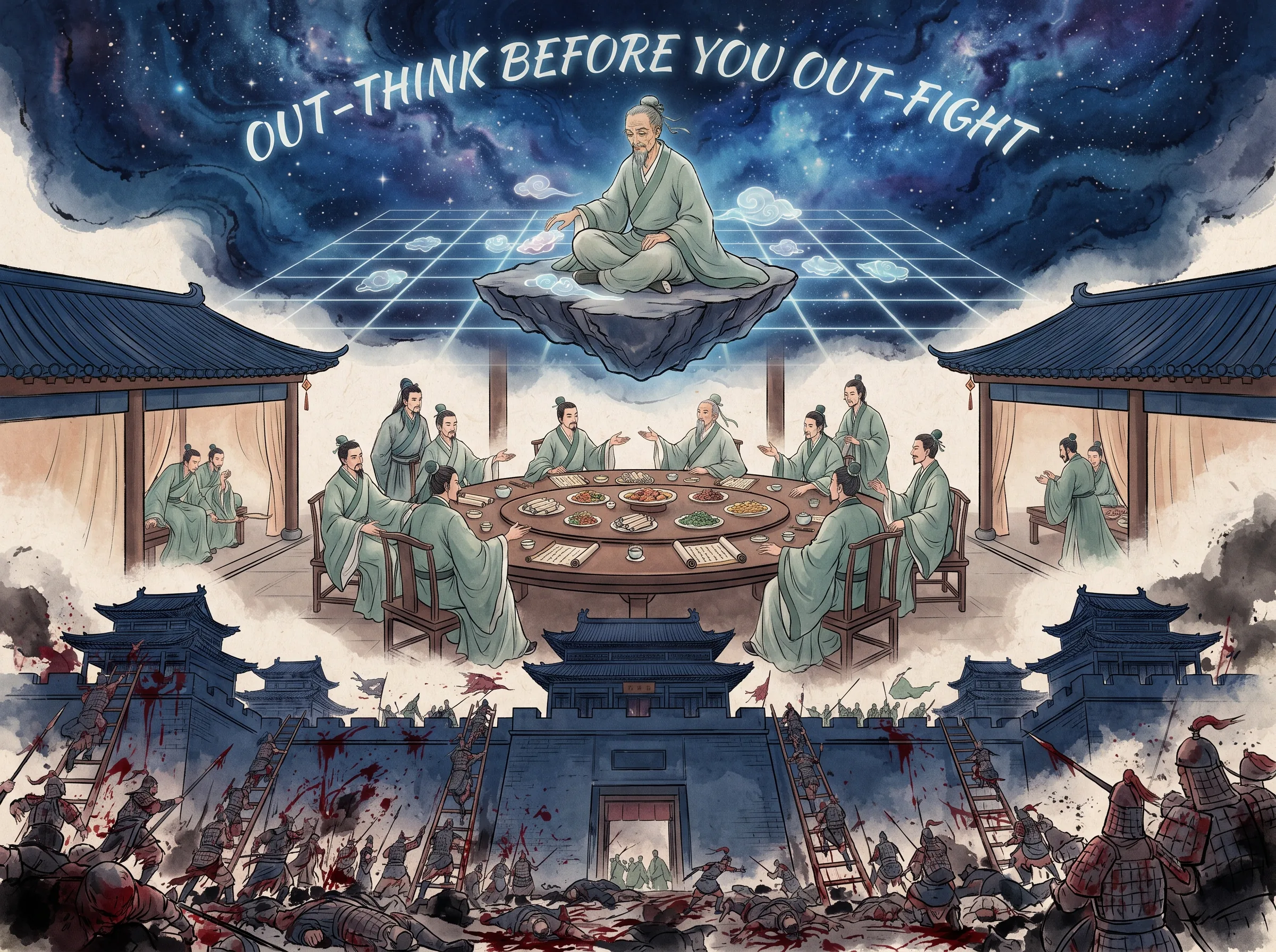 three-tiered visual hierarchy: at the bottom soldiers scale brutal bloody city walls; in the middle diplomats negotiate peacefully over banquet tables; at the top a serene sage moves cloud pieces across a cosmic chessboard, deep Prussian blue architecture and cosmic sky, elegant sage green robes and scrolls in contemporary literati Chinese ink cartoon style with Prussian blue ink wash, sage green accents, and Xuan paper negative space, illustrating out-think before you out-fight, embodying 孙子谋攻三境界：'上兵伐谋，其次伐交，其次伐兵，其下攻城'，站在最高的认知与外交层级博弈，远胜于血肉攻城的下下策 on ChiDestiny