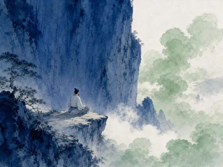 Dignified scholar standing on a high cliffside pavilion watching golden dawn break over a sea of clouds in panoramic classical landscape wash with warm dawn light breaking through cool indigo mist, illustrating transmuting political exile and worldly disappointment into expansive philosophical awakening through nature on ChiDestiny