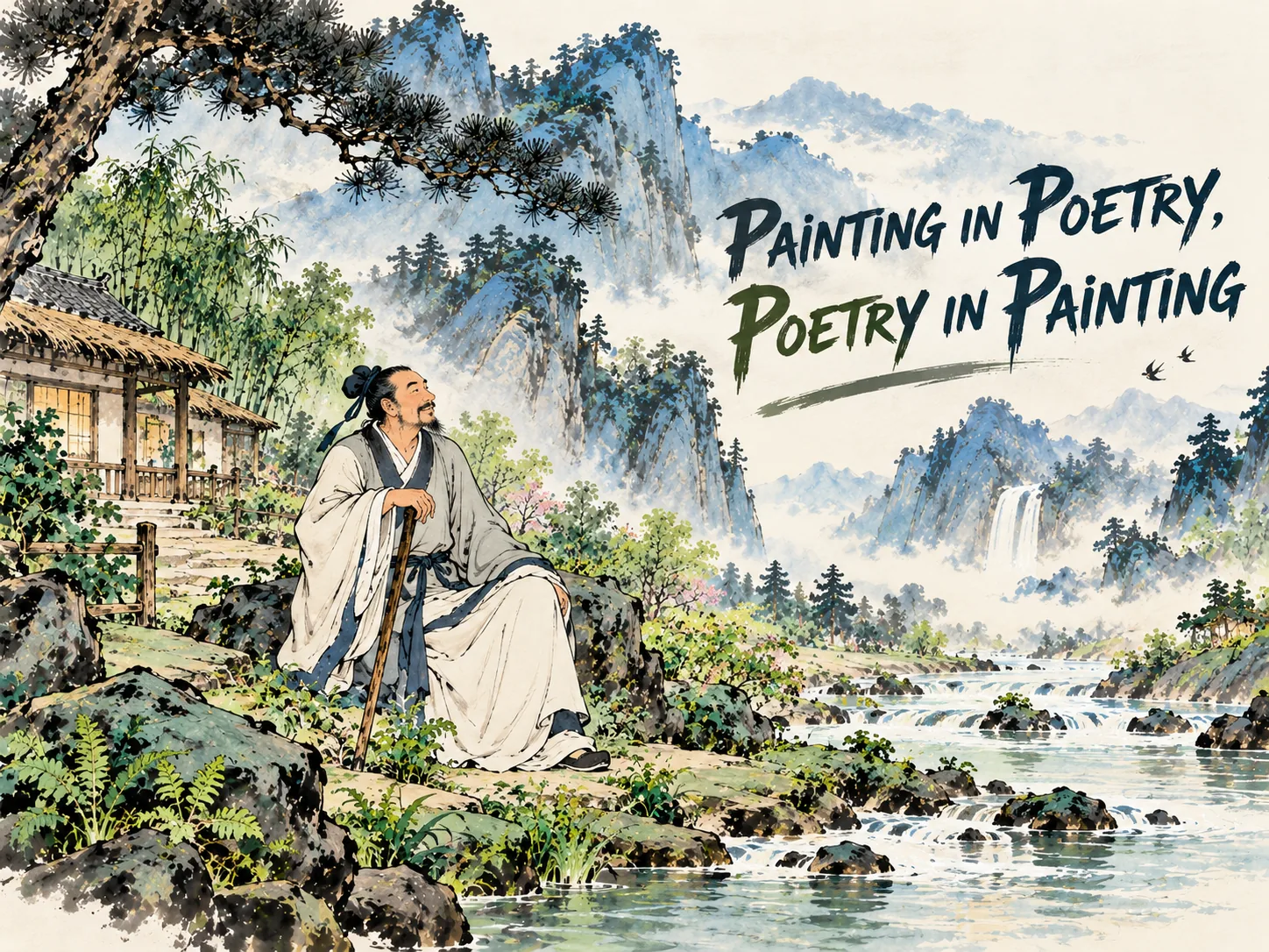 the Poet-Buddha Wang Wei leaning on a polished walking staff beside a tranquil mountain stream at his Wangchuan villa, his flowing scholar robes dissolving into the misty landscape where poetry and landscape painting become one living reality, deep Prussian blue ink washes for towering cliffs in contemporary literati Chinese ink wash in deep Prussian blue and sage green with ample Xuan paper negative space, illustrating painting in poetry, poetry in painting, embodying 辋川别业幽居图：王维着素白长衫，倚杖立于竹溪水湄，诗中有画画中有诗，身在红尘官场却在终南山水间安顿自性 on ChiDestiny