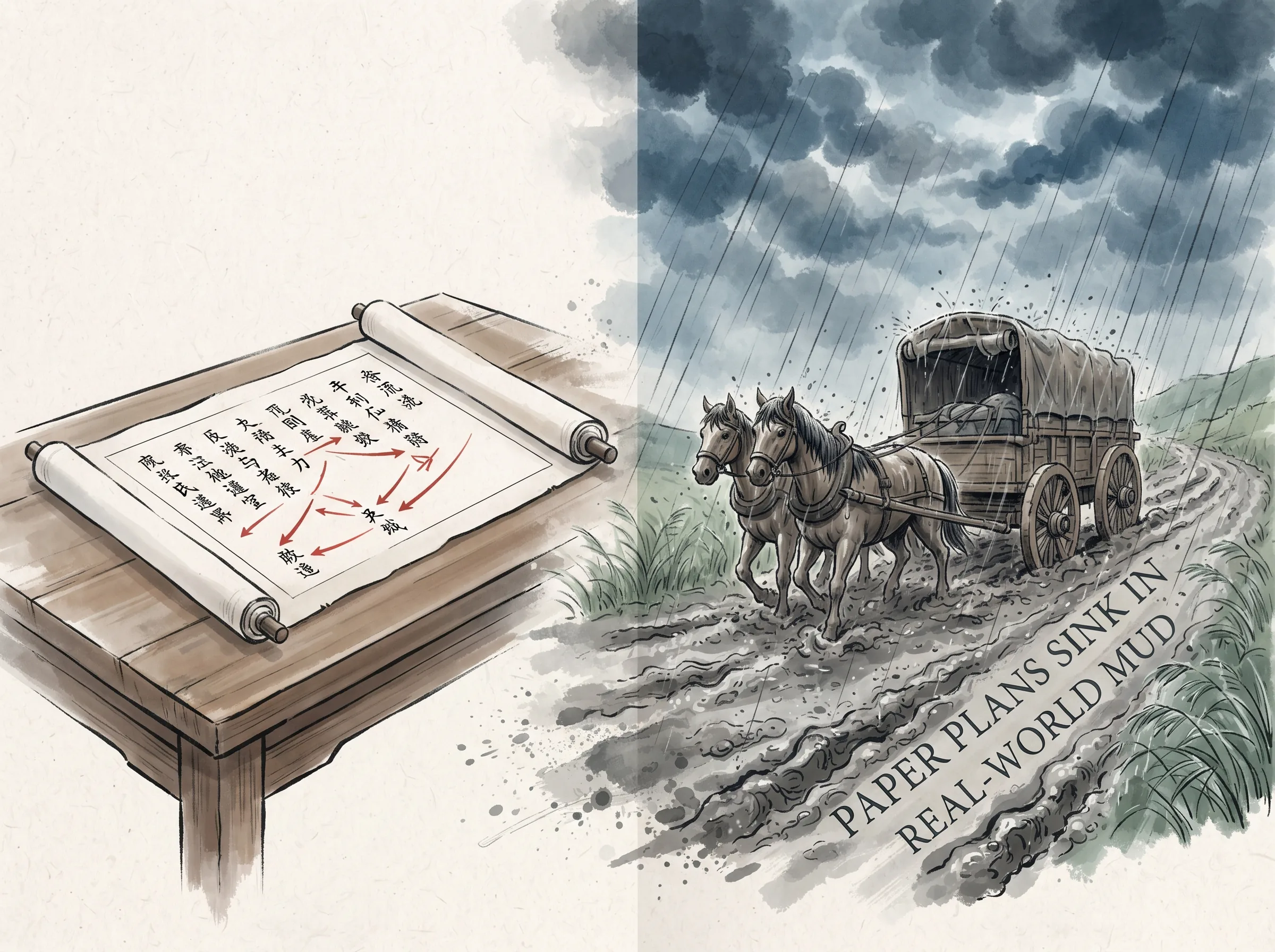 clever contrast: an immaculate scroll with sharp red strategic arrows resting dry in a study, dissolving into the reality of a muddy wagon road where horse hooves and wooden wheels are buried deep in sticky grey mud under heavy rain, deep Prussian blue storm clouds and muddy tracks in contemporary literati Chinese ink cartoon style with Prussian blue ink wash, sage green accents, and Xuan paper negative space, illustrating paper plans sink in real-world mud, embodying 沙盘推演的傲慢与现实泥淖：参谋长在干燥温暖的书房绘制精密的行军箭头，而真实前线的战车正深深陷入暴雨泥沼寸步难行 on ChiDestiny