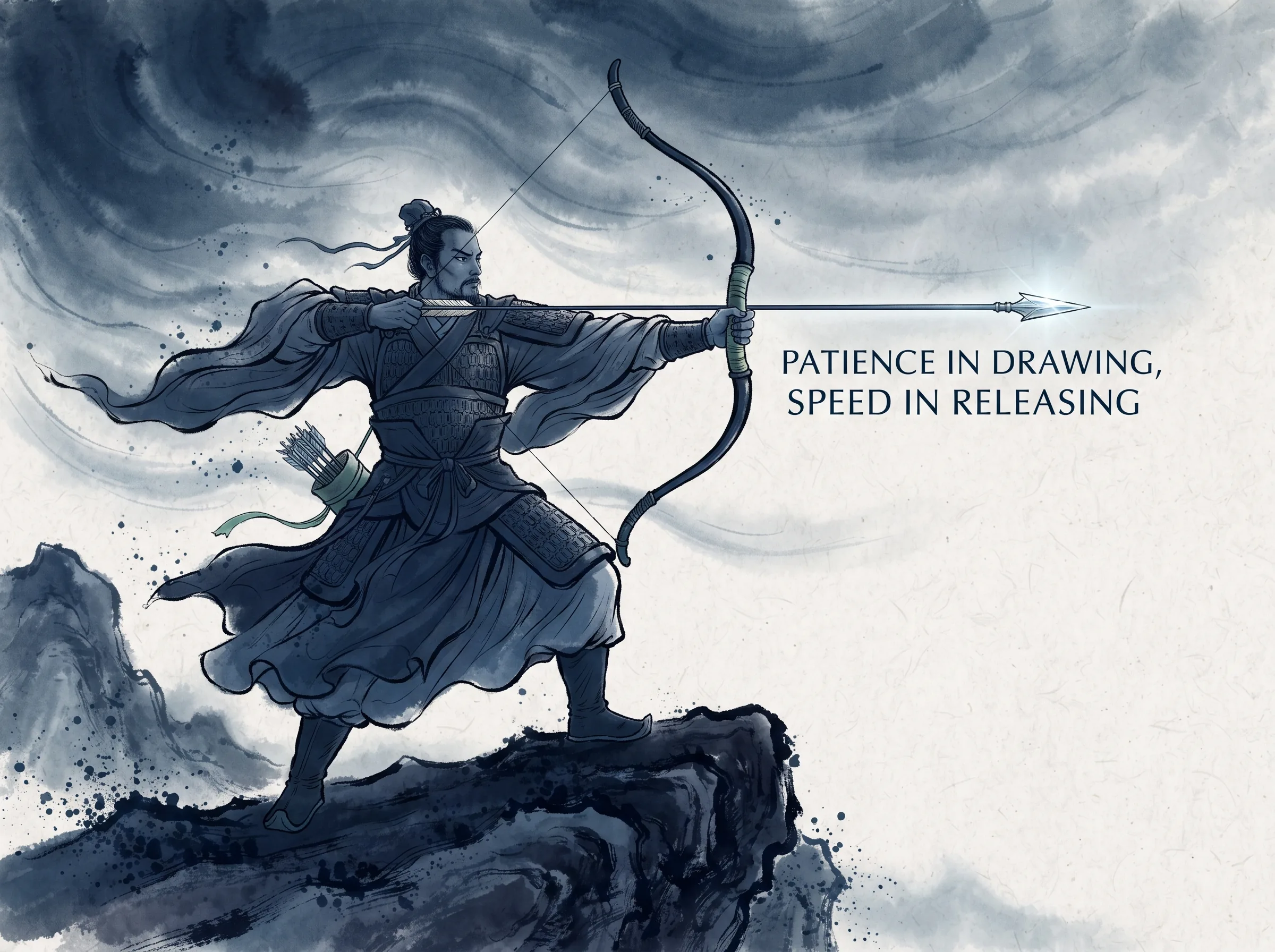 a legendary archer standing poised on a crag, pulling a heavy horn bow to full moon curve with steady unblinking focus, an arrow tip glistening with cool light waiting for the exact split second in contemporary literati Chinese ink cartoon style with Prussian blue ink wash, sage green accents, and Xuan paper negative space, illustrating patience in drawing, speed in releasing, embodying 战略耐性与极速决断的结合：弓箭手双臂如磐石般长久屏息拉满硬弓，待猎物破绽显露的刹那松弦，箭离弦而中红心 on ChiDestiny