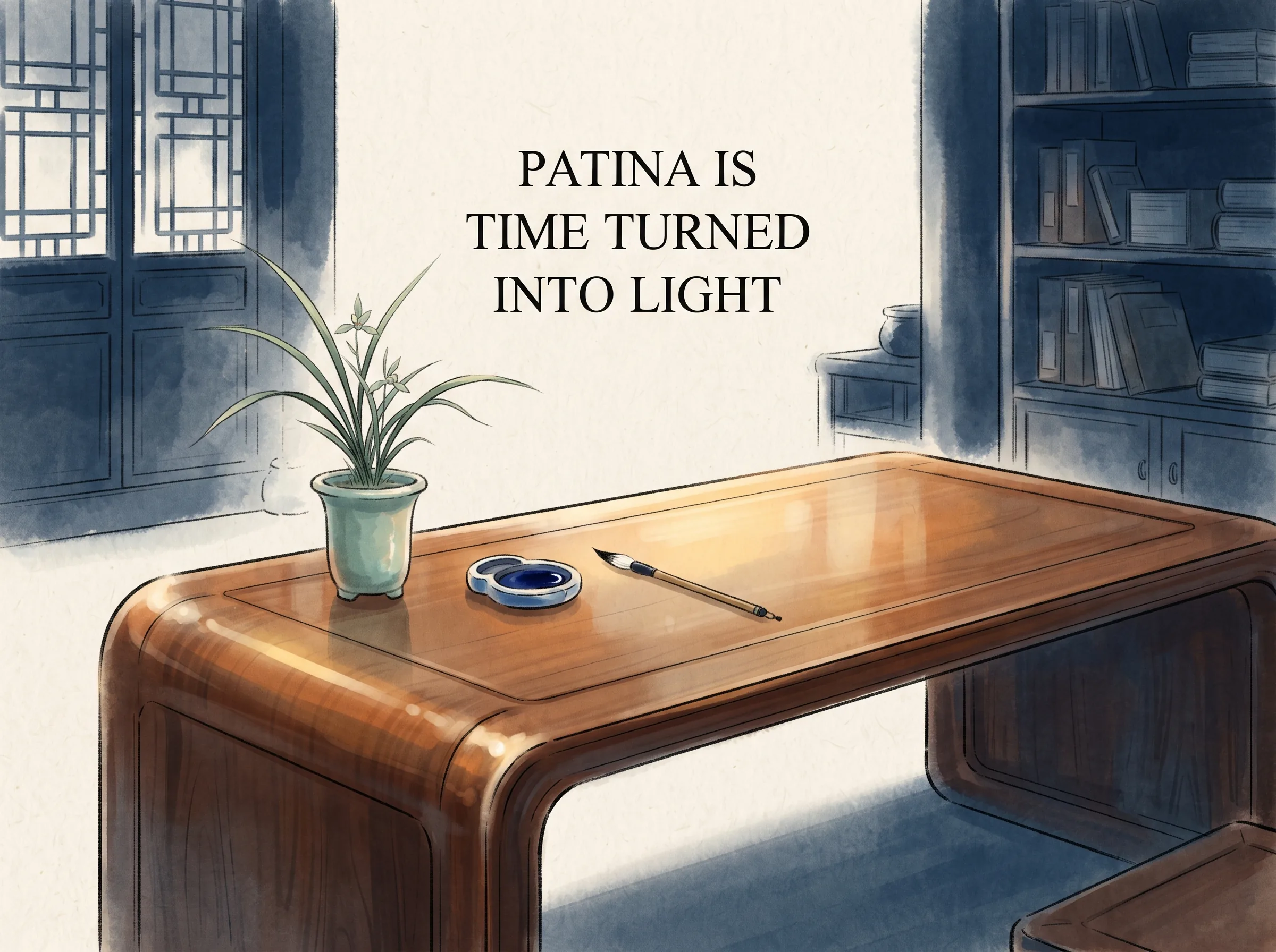 an ancient polished wooden scholar desk glowing with a soft, translucent amber sheen along its smooth rounded edges, where dust does not settle and light reflects with buttery warmth in contemporary literati Chinese ink wash in deep Prussian blue and sage green with ample Xuan paper negative space, illustrating patina is time turned into light, embodying 包浆不是污垢而是时光的琥珀：一张传承百年的黄花梨古琴案，桌面在无数个春秋的抚触与微风中凝结出如脂如玉的深邃光泽 on ChiDestiny