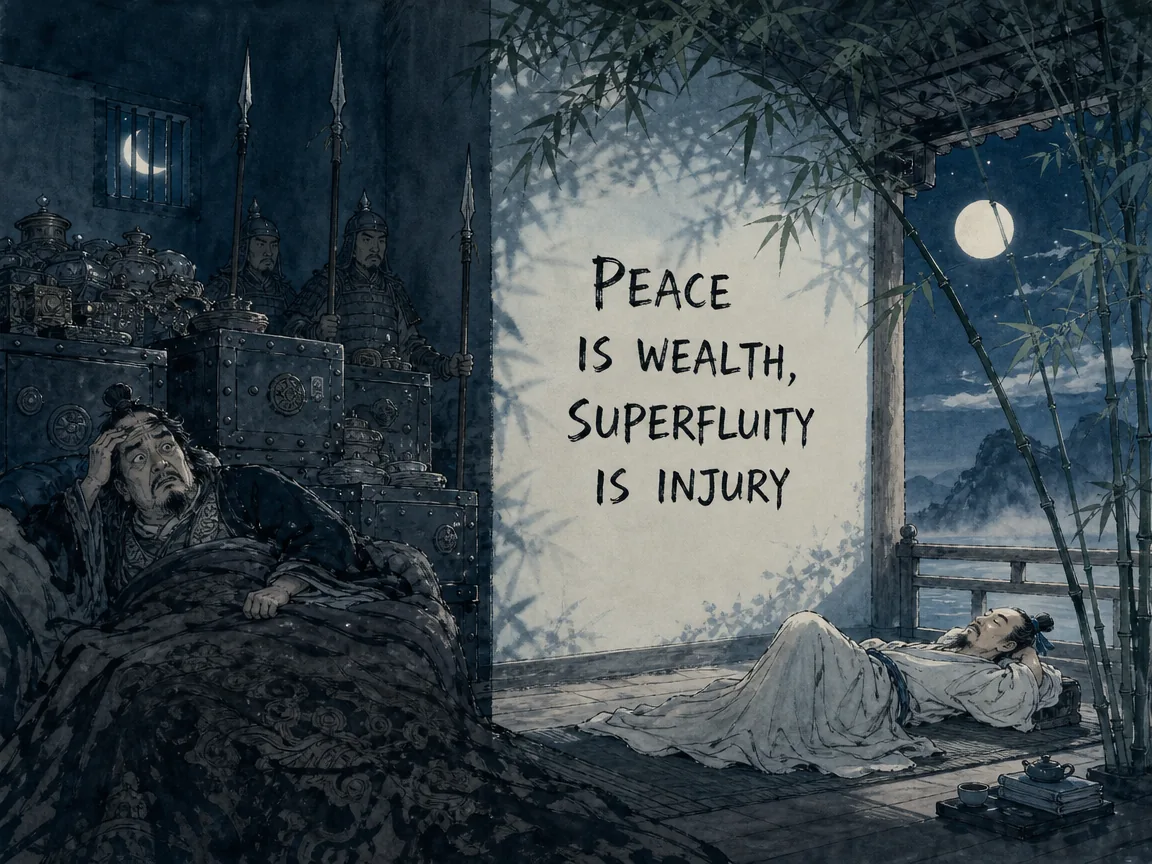 a stressed wealthy merchant tossing sleeplessly beside heavy iron treasure safes guarded by spears, contrasted with a peaceful hermit sleeping serenely on an open veranda with the cool night wind touching his brow, deep Prussian blue nighttime ink wash in contemporary literati Chinese ink cartoon style with Prussian blue ink wash, sage green accents, and Xuan paper negative space, illustrating peace is wealth, superfluity is injury, embodying 知足者安如泰山，贪求多积者自戕其生；富商守库心力交瘁，老农清风拂枕安枕无忧 on ChiDestiny