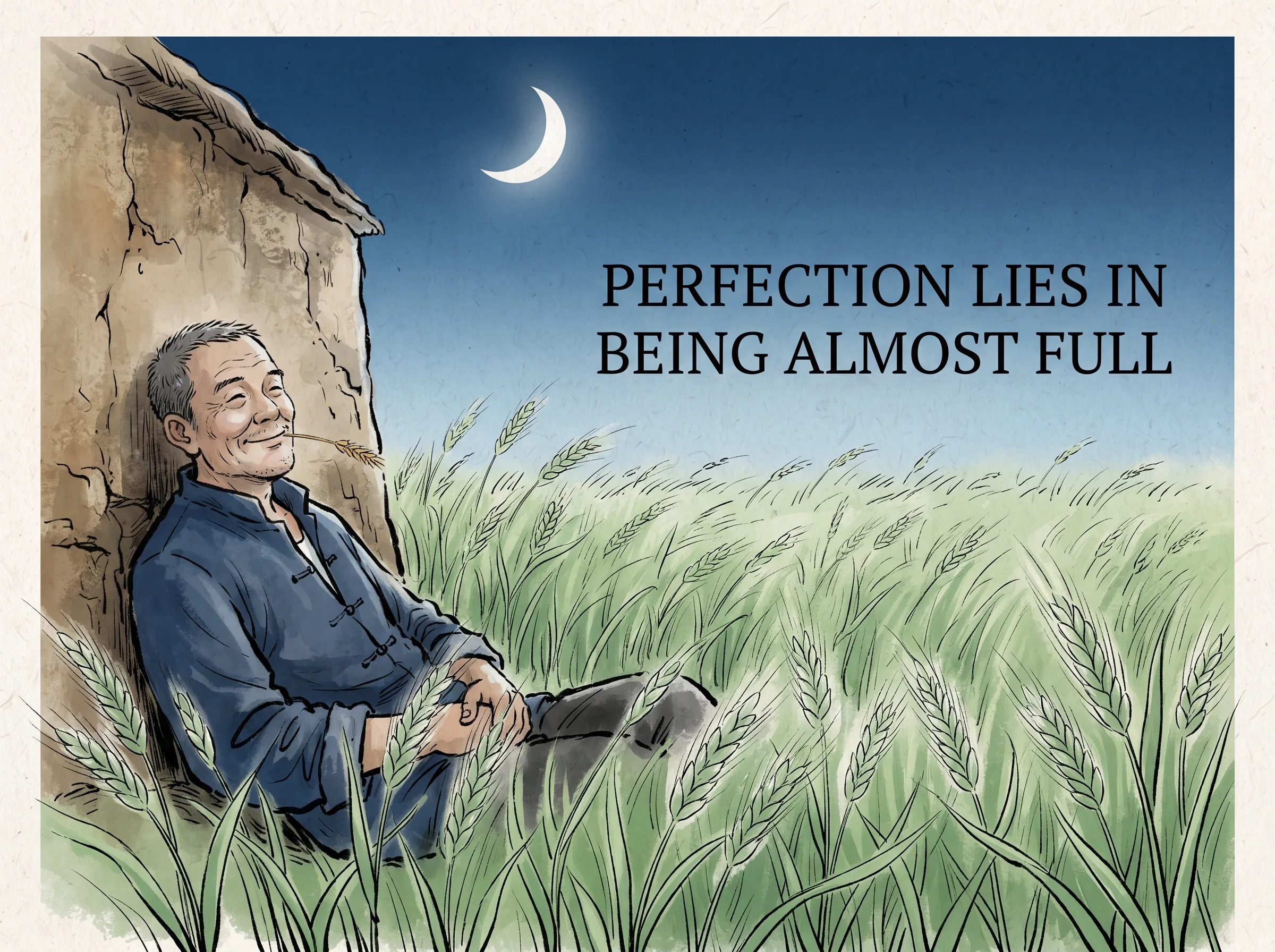 sunny summer wheat fields gently swaying under a warm breeze, close-up of slender green wheat ears plump with milky sap under a silver-white waxing crescent moon, a relaxed farmer smiling with a straw in mouth resting against an earthen wall in contemporary literati Chinese ink wash in deep Prussian blue and sage green with ample Xuan paper negative space, illustrating perfection lies in being almost full, embodying 二十四节气'小满'至理：麦穗初齐、浆液半满尚未完全饱胀，月盈则亏水满则溢，半满未满才是生命最丰盈灵动的黄金状态 on ChiDestiny