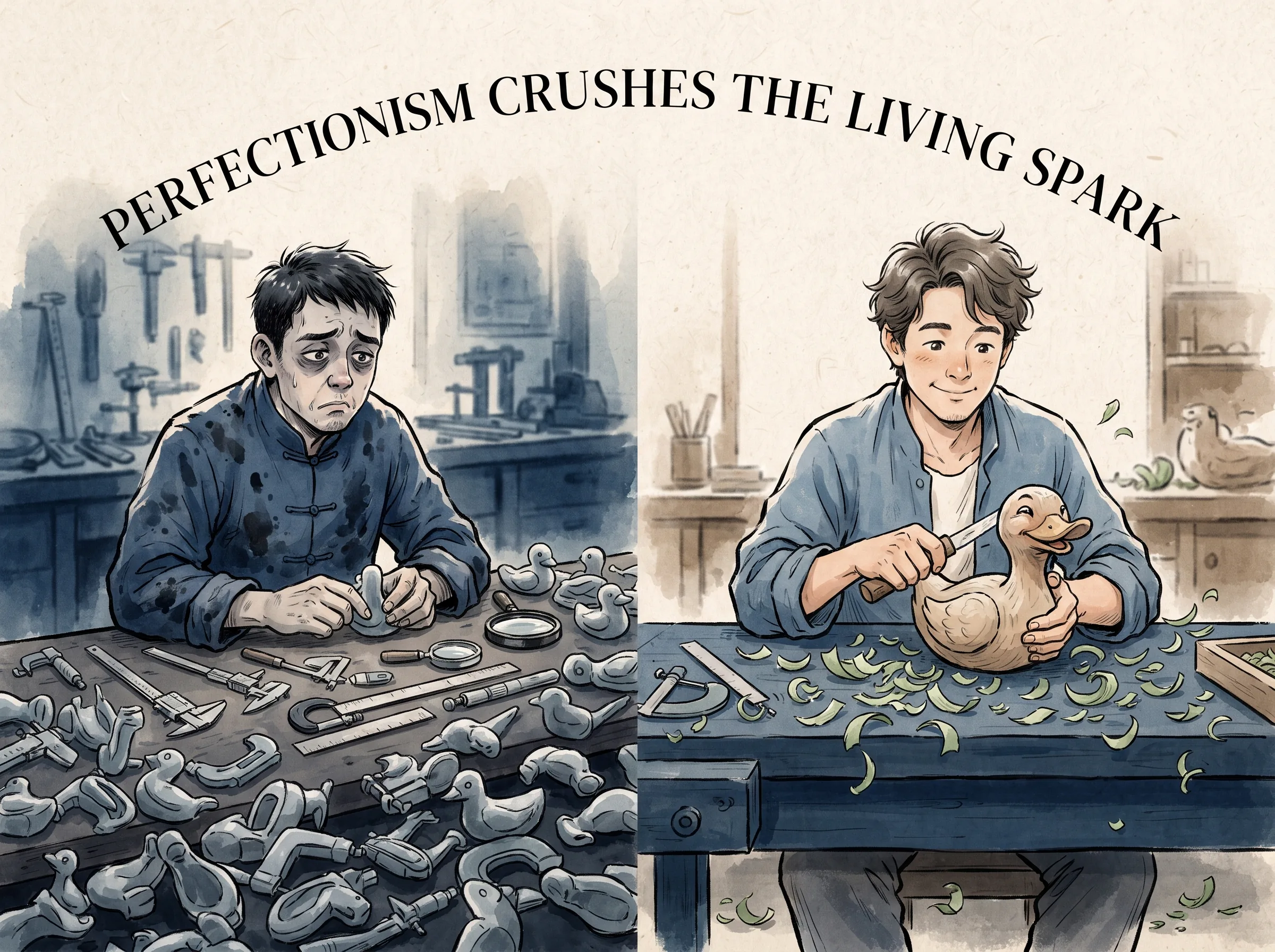 humorous comparison: on one side a stressed craftsman surrounded by calipers and discarded identical plastic forms looking exhausted; on the other an easygoing carpenter carving a charming, slightly crooked wooden duck that appears alive with joy, deep Prussian blue workbench in contemporary literati Chinese ink wash in deep Prussian blue and sage green with ample Xuan paper negative space, illustrating perfectionism crushes the living spark, embodying 完美主义的枷锁与解脱：紧绷的机械师用尺规精准雕琢却造出死板木偶，而旁边的民间木匠随性削出憨态可掬的木鸭，活灵活现灵气逼人 on ChiDestiny