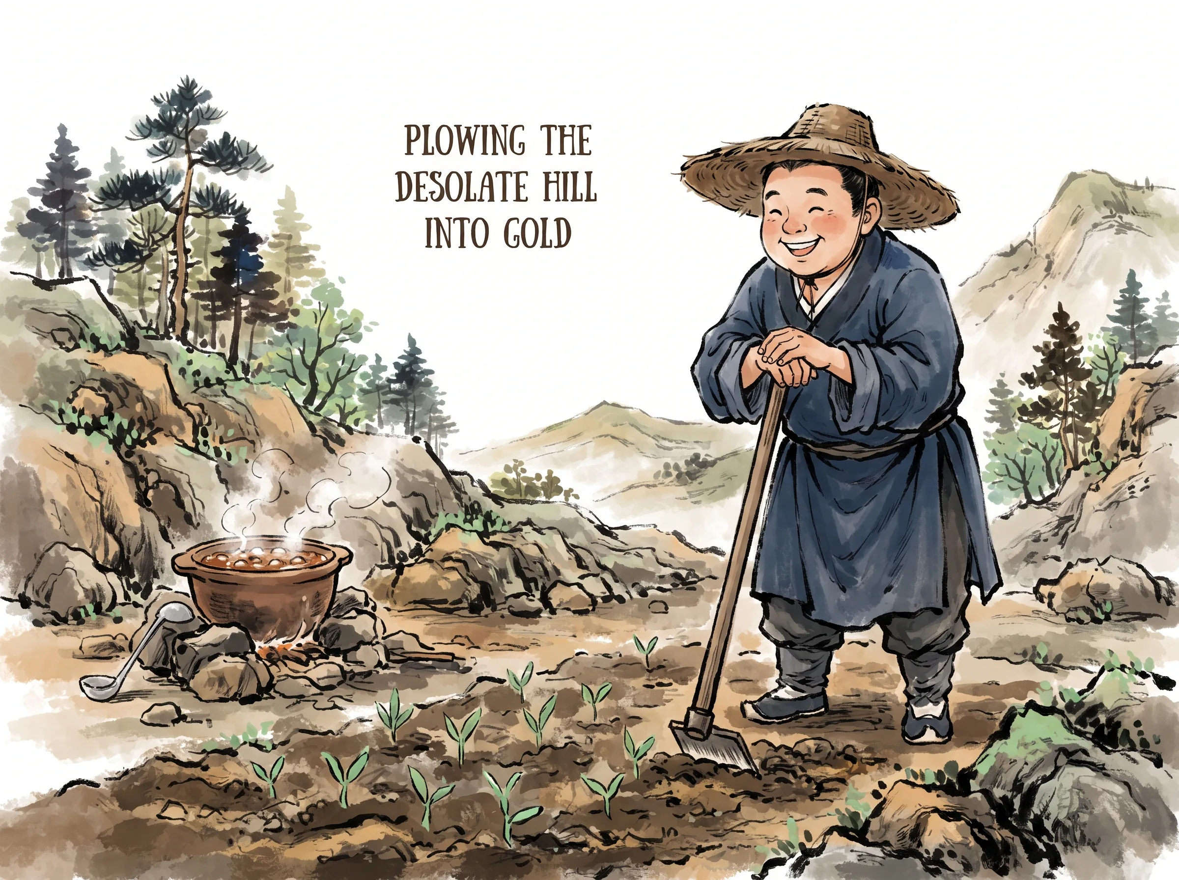 a cheerful round-faced scholar holding a wooden farming hoe under broad straw hat, happily inspecting freshly tilled soil and a bubbling clay stewing pot on a rocky hillside farm, deep Prussian blue rustic robes and loam in contemporary literati Chinese ink wash in deep Prussian blue and sage green with ample Xuan paper negative space, illustrating plowing the desolate hill into gold, embodying 黄州贬谪农田上,大文豪脱下官服挽起裤腿,扶犁耕作东坡荒田,亲煮东坡肉,笑面饥馑,东坡居士由此脱胎重生 on ChiDestiny