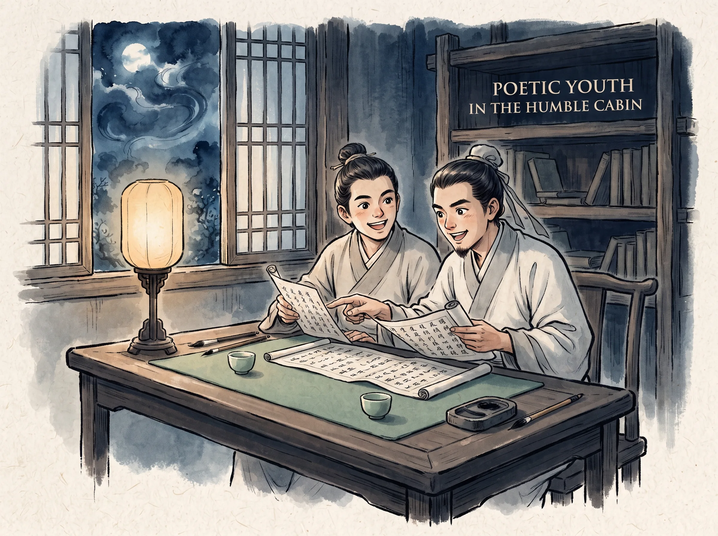 young poets Yuan Zhen and Bai Juyi sitting side by side at a modest lamp-lit wooden desk in a chilly mountain lodge, excitedly sharing handwritten poem scrolls and smiling with fervent youthful literary devotion, deep Prussian blue night washes outside the paper window in contemporary literati Chinese ink wash in deep Prussian blue and sage green with ample Xuan paper negative space, illustrating poetic youth in the humble cabin, embodying 寒门学子元稹在烛光陋室中与挚友白居易抵足夜谈，两副竹简一囊诗稿，意气相投策马同试，早年纯粹的诗意理想与知己相契 on ChiDestiny