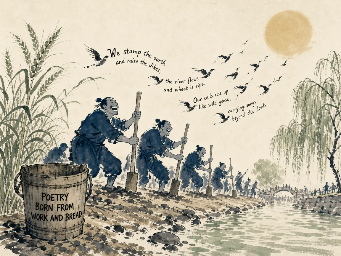 ancient harvest workers and canal builders rhythmically stamping earth by the riverbank under a gentle golden sun, their joyful collective labor calls naturally rising as floating calligraphic birds into the sky, celebrating poetry as pure everyday life breath in contemporary literati Chinese ink wash in deep Prussian blue and sage green with ample Xuan paper negative space, illustrating poetry born from work and bread, embodying 诗经原始先民在麦田与河畔合力夯土、收割劳作，劳作呼号自然化为最质朴动人的诗篇，诗生于土地与呼吸 on ChiDestiny