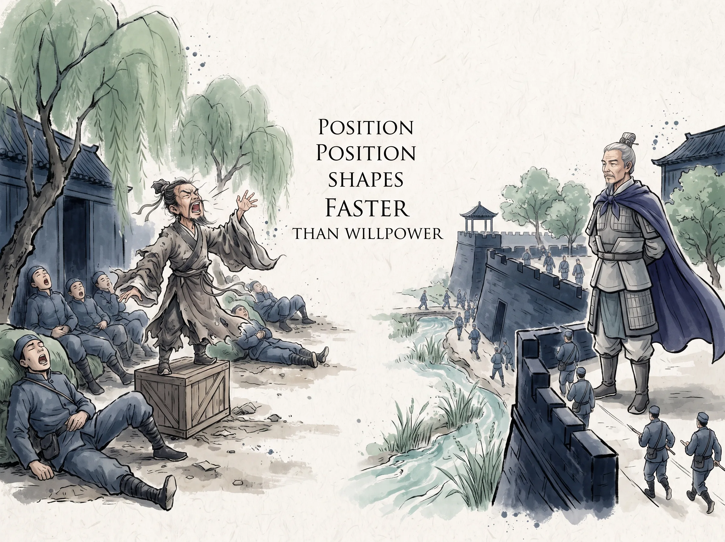 an animated military motivational speaker shouting hoarsely from a wooden crate while soldiers yawn in the shade, contrasted with an insightful general restructuring the camp's ramparts and stream access so movement aligns naturally, deep Prussian blue barracks and uniforms in contemporary literati Chinese ink cartoon style with Prussian blue ink wash, sage green accents, and Xuan paper negative space, illustrating position shapes behavior faster than willpower, embodying 意志力的幻觉与环境的决定性力量：单凭口号打鸡血的士兵在温暖营帐中极易松懈，而将帅深知唯有改变地形位置才能真正重塑行为 on ChiDestiny