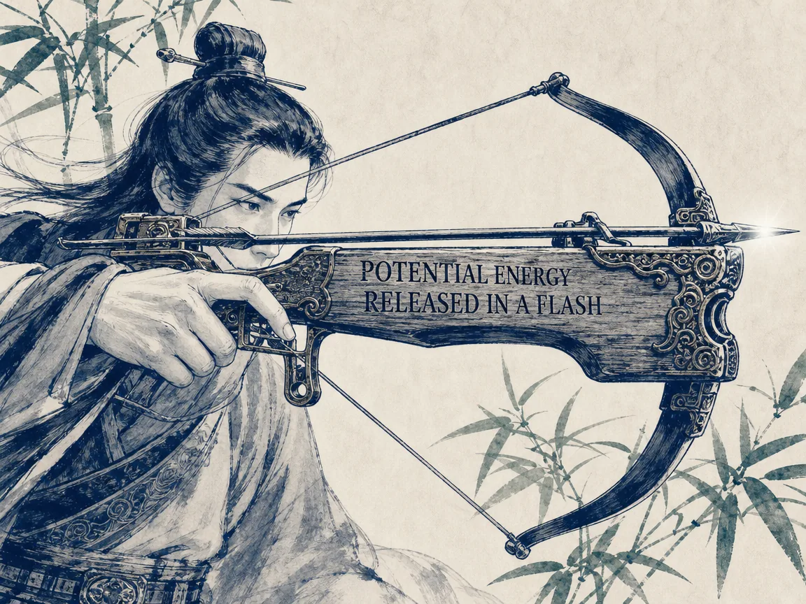 extreme dramatic tension, an elegant ancient crossbow pulled to maximum tautness with an arrow gleaming, a steady calm archer's finger resting on the bronze trigger awaiting the exact split-second timing in contemporary literati Chinese ink cartoon style with Prussian blue ink wash, sage green accents, and Xuan paper negative space, illustrating potential energy released in a flash, embodying 一张紧绷拉满的劲弩静候于山林之间，统帅手指轻搭扳机，神情专注沉定，蓄势待发间风云凝滞 on ChiDestiny