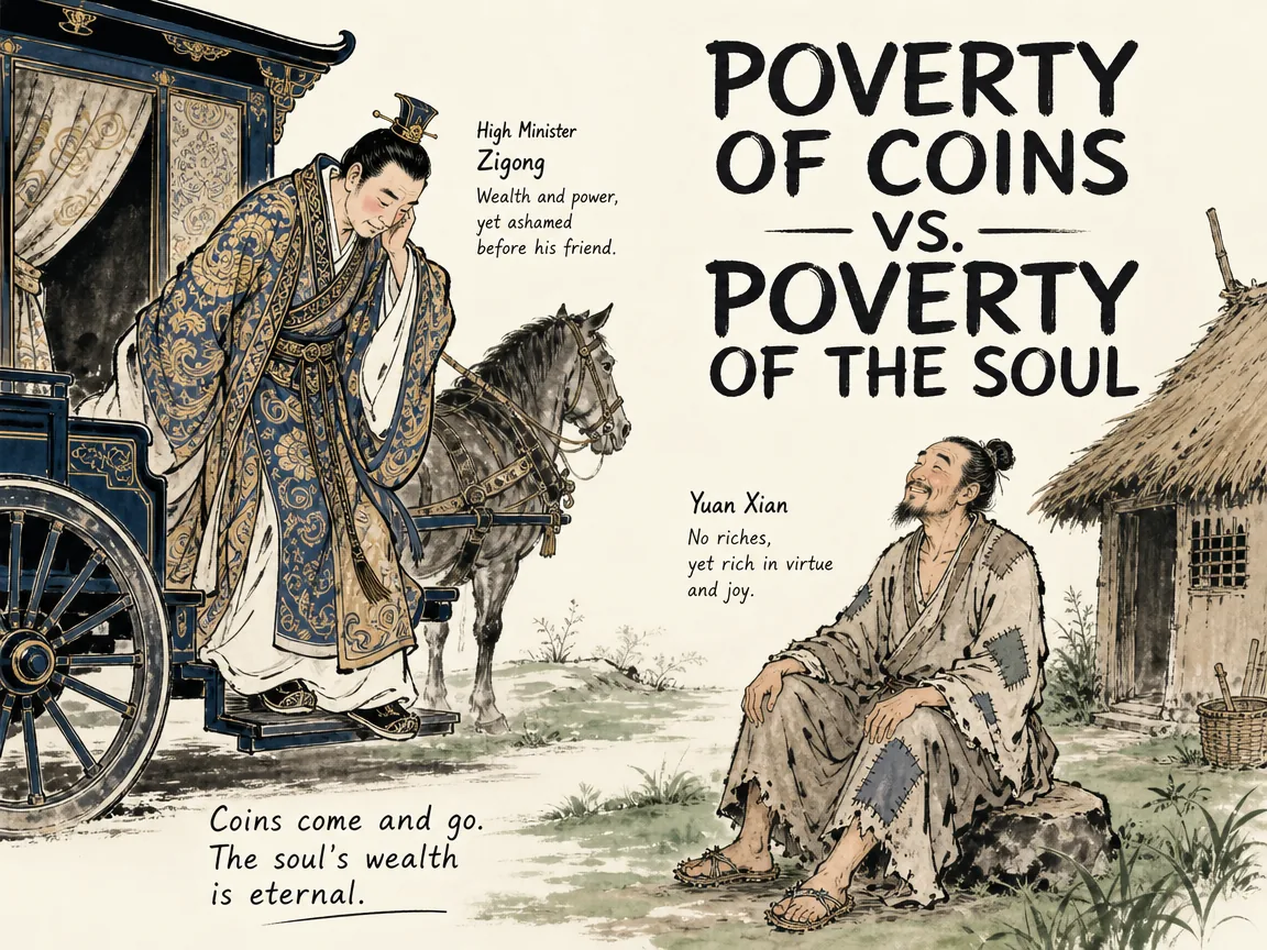 dramatic moral contrast, high-minister Zigong in dazzling silk robes stepping down from a luxurious carriage blushing in embarrassment before his destitute friend Yuan Xian, who wears patched hemp clothes and broken sandals but possesses radiant dignity and joyful spiritual mastery in contemporary literati Chinese ink cartoon style with Prussian blue ink wash, sage green accents, and Xuan paper negative space, illustrating poverty of coins vs. poverty of the soul, embodying 原宪居环堵之室弊衣草履，华服高车的子贡登门自矜富贵，原宪笑答'无财者谓之贫，学道不能行者谓之病'，傲骨昂然令宰相汗颜 on ChiDestiny