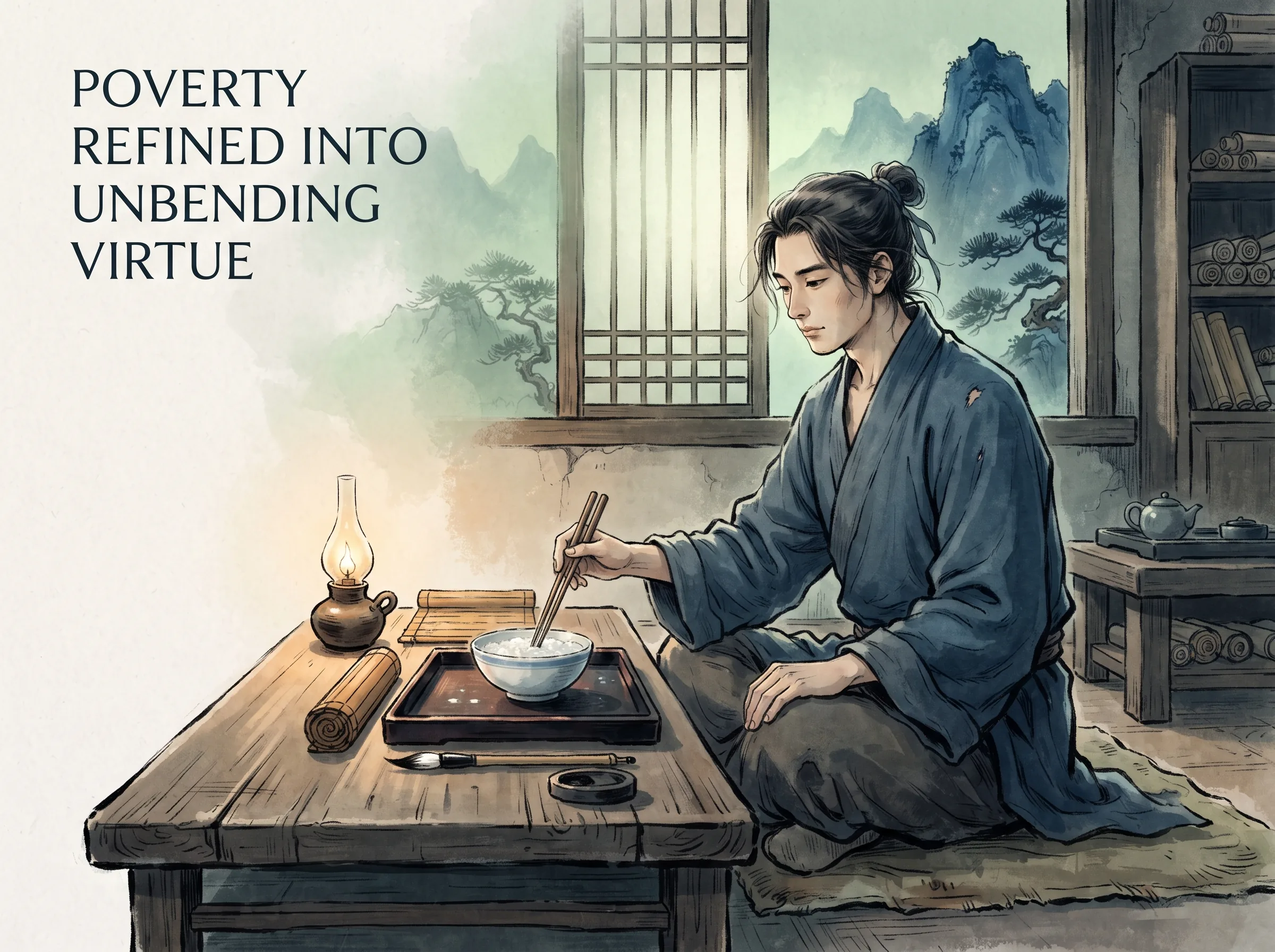 an earnest young scholar in a threadbare robe reading ancient scrolls beside a flickering lamp in a quiet mountain hermitage, dividing a bowl of cold congee with a wooden chopstick into four neat portions with serene dignity, deep Prussian blue mountain shadows and scholar coat in contemporary literati Chinese ink wash in deep Prussian blue and sage green with ample Xuan paper negative space, illustrating poverty refined into unbending virtue, embodying 范仲淹青年时期在长白山僧舍划粥断齑、苦读夜深，贫寒磨砺出如松柏般坚韧不拔的浩然志向 on ChiDestiny