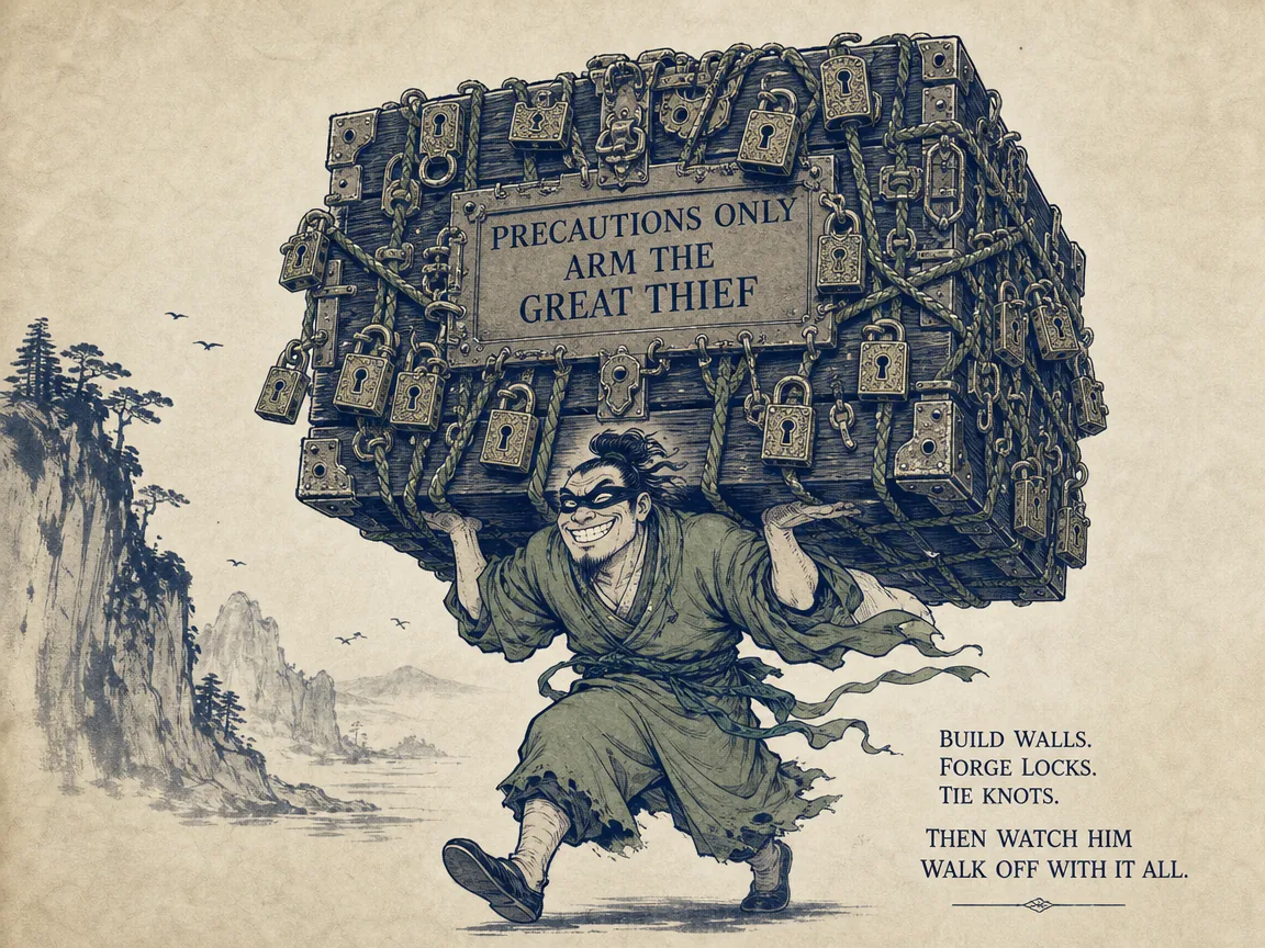 comic irony of security, a heavily reinforced wooden chest wrapped in countless intricate bronze padlocks and ropes, casually carried off whole on the broad shoulders of a grinning master thief along with its locks in contemporary literati Chinese ink cartoon style with Prussian blue ink wash, sage green accents, and Xuan paper negative space, illustrating precautions only arm the great thief, embodying 主人用重锁粗绳严密封好大樟木箱自以为防贼万全，大盗直接将整只大箱连锁带绳扛在肩头扬长而去，聪明反助大盗 on ChiDestiny