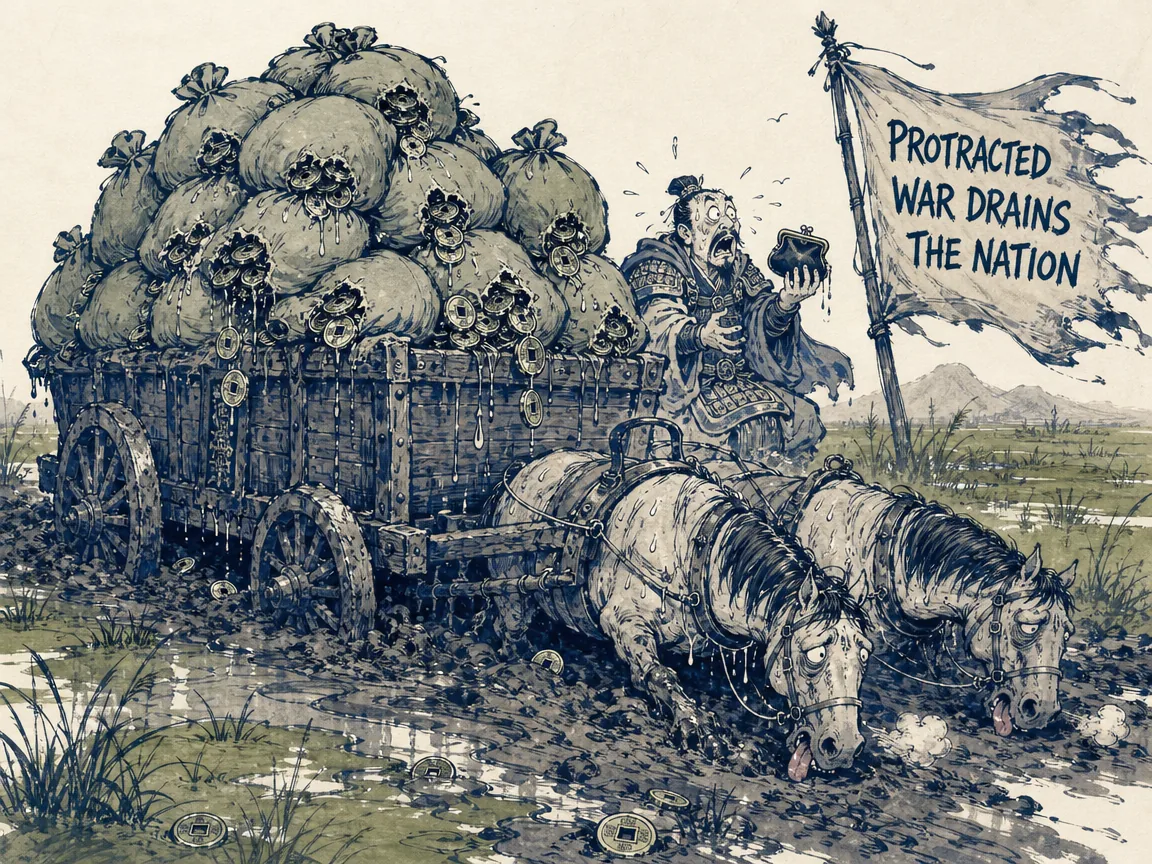 an overly heavy war wagon carrying sacks of leaking bronze coins sunk deep in thick mud, exhausted sweating horses, a commander clutching his empty purse in panic in contemporary literati Chinese ink cartoon style with Prussian blue ink wash, sage green accents, and Xuan paper negative space, illustrating protracted war drains the nation, embodying 一辆奢华庞大的军车深陷泥潭，满载的铜钱沉重压弯车轴，马匹吐舌疲惫，生动讽刺拖延战带来的致命经济反噬 on ChiDestiny
