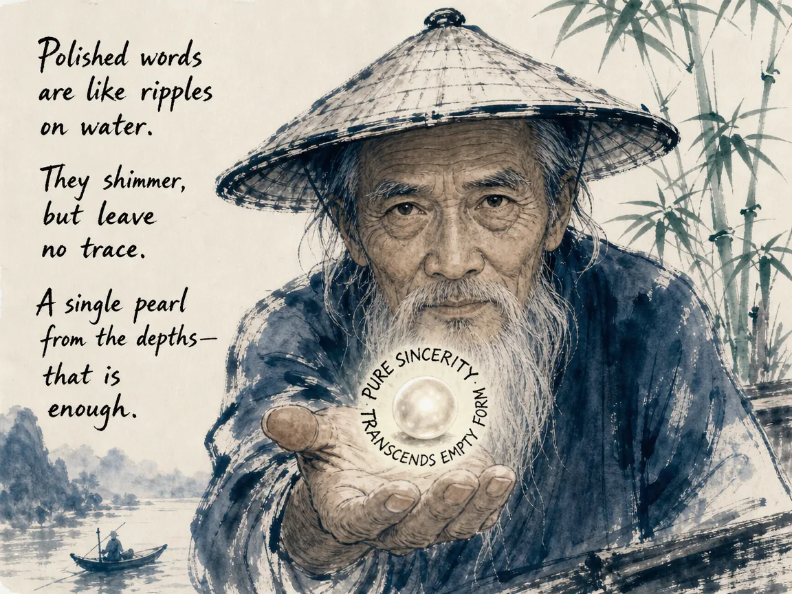 the old fisherman looking straight into the observer's eyes with penetrating honesty, holding a simple freshwater pearl that glows with natural unpolished light, exposing the hollow stiffness of rehearsed court courtesies in contemporary literati Chinese ink cartoon style with Prussian blue ink wash, sage green accents, and Xuan paper negative space, illustrating pure sincerity transcends empty form, embodying 真者精诚之至也，不精不诚不能动人；真哭无声而哀，真怒未发而威，法天贵真不拘俗礼 on ChiDestiny