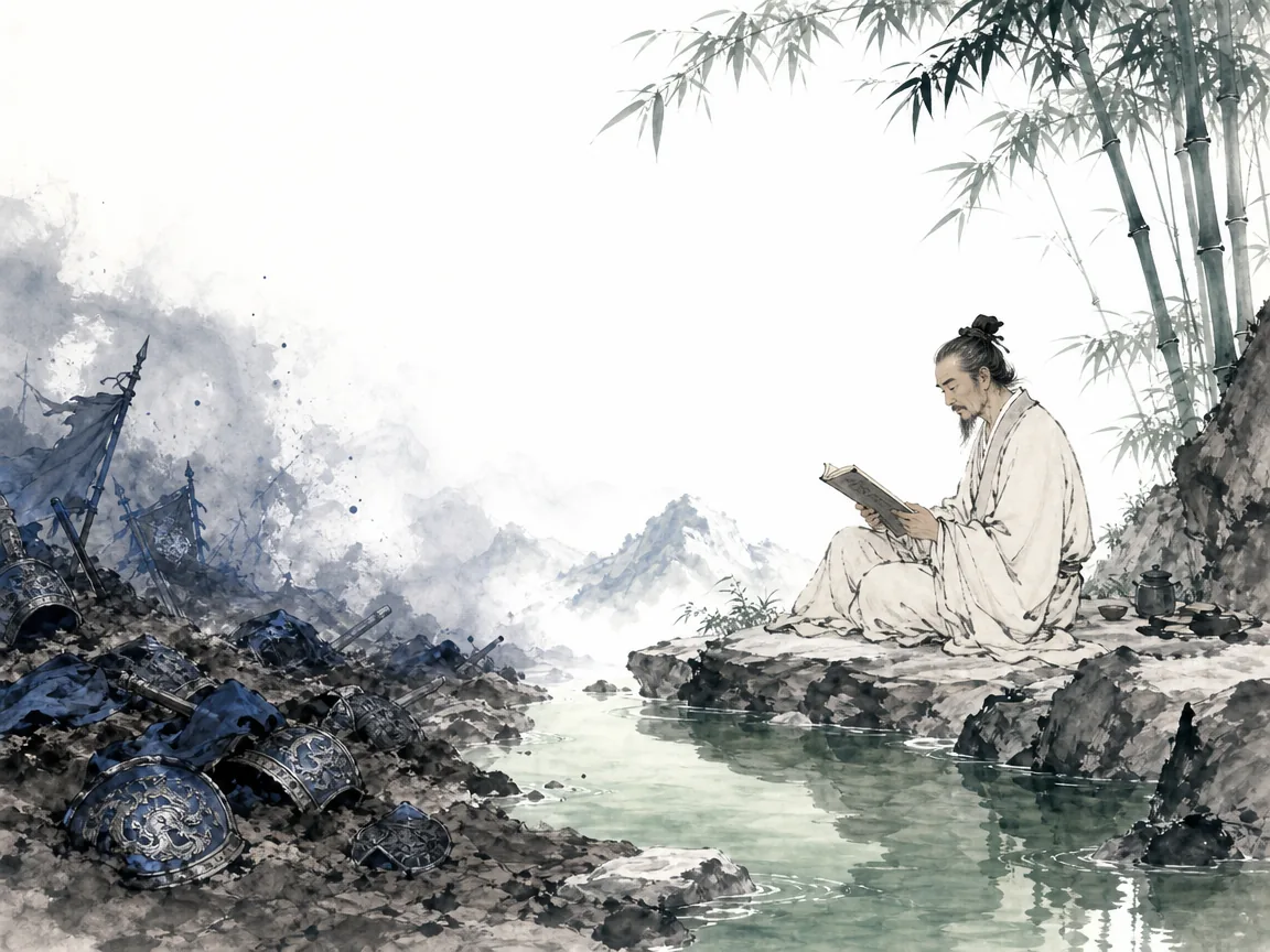 Mature scholar in unbleached robes reading quietly beside a crystal mountain brook with discarded armor in the distance in crystal-clear contemplative ink wash expressing washed-away past regrets and serene bamboo shelter, illustrating an aristocrat's complete spiritual rebirth from reckless imperial guard to contemplative hermit, proving identity can be remade after crisis on ChiDestiny