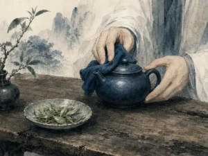 Artisan hands gently seasoning an unglazed zisha clay teapot beside a warm bamboo tea board in intimate literati still-life wash with rich earthenware warmth, illustrating the intimate bond between vessel and human through decades of dedicated care on ChiDestiny